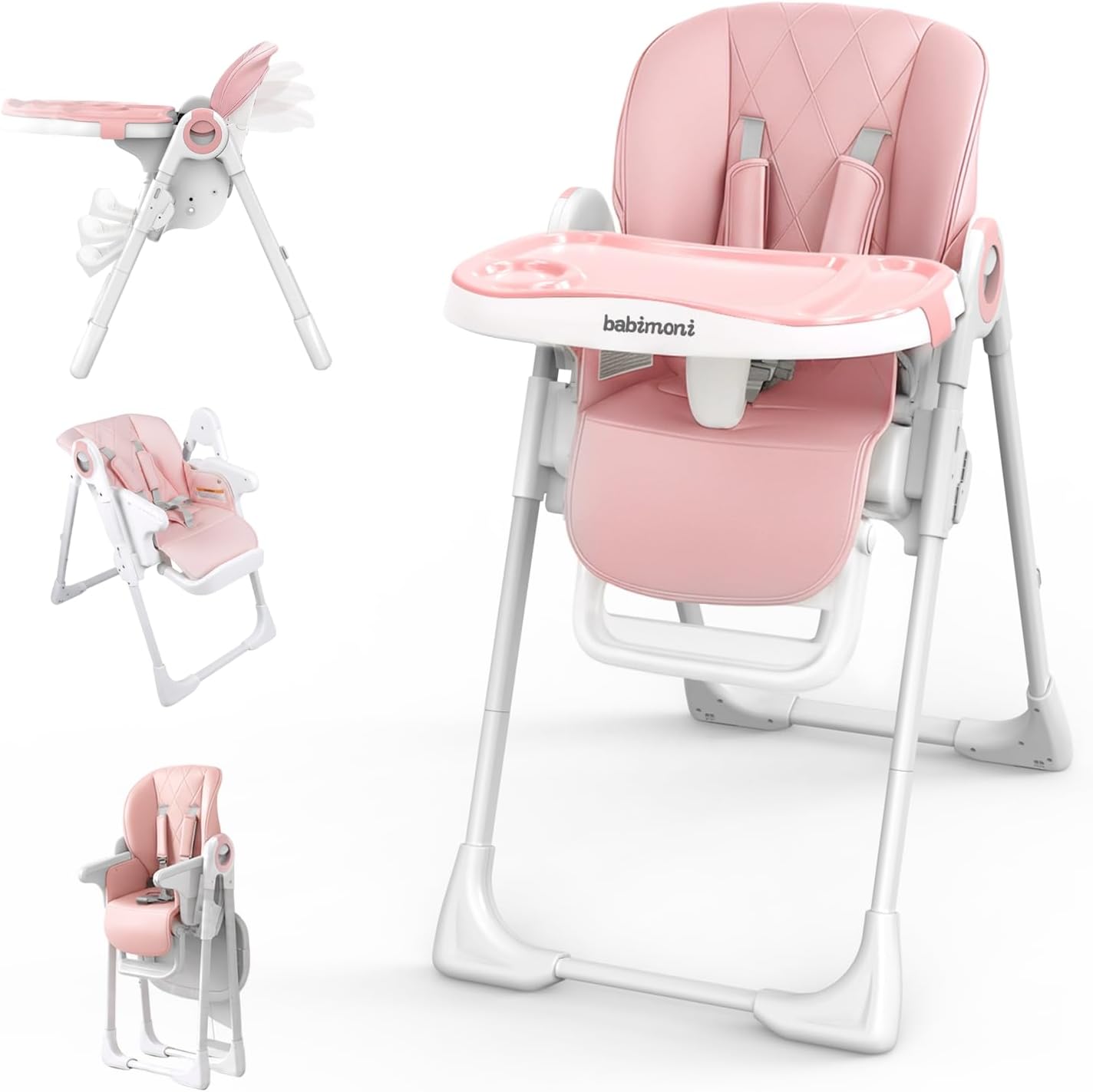 Detalle de babimoni H22-PK 4-in-1 Baby High Chair, Foldable with 3 Recline Levels