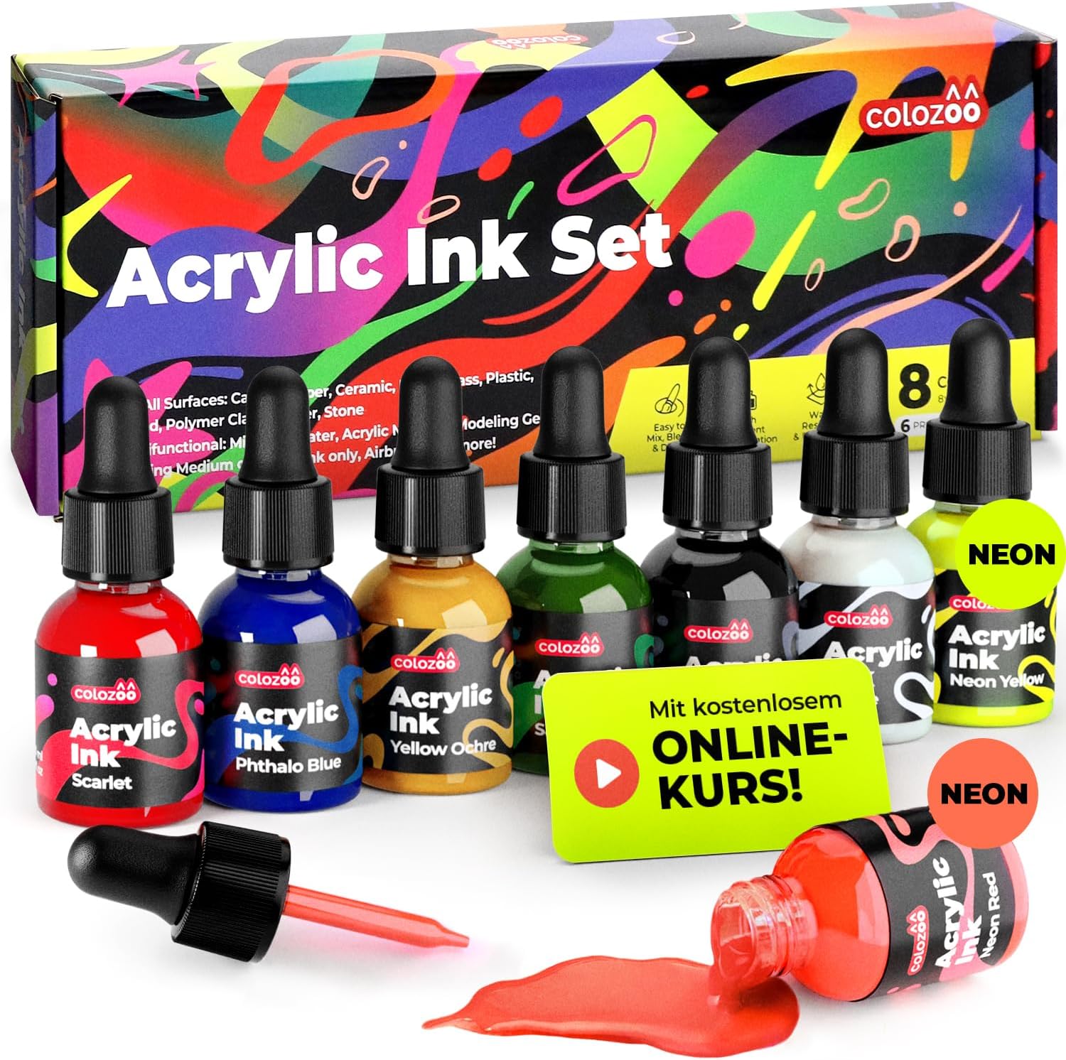 Detalle de Colozoo Acrylic Ink Set 8x20 ml – permanente Acryl-Tinte (6 Grundfarben & 2 Neonfarben)