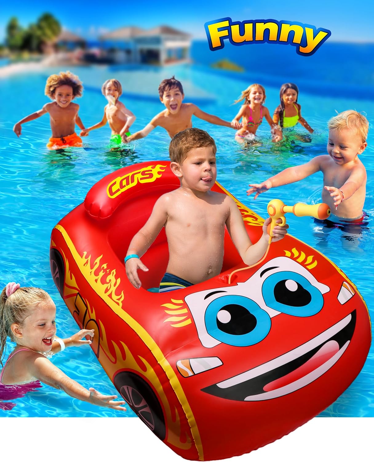 Detalle de HopeRock Kids Pool Float with Water Gun — Inflatable Car Ride-on for Ages 3–8 (Red)