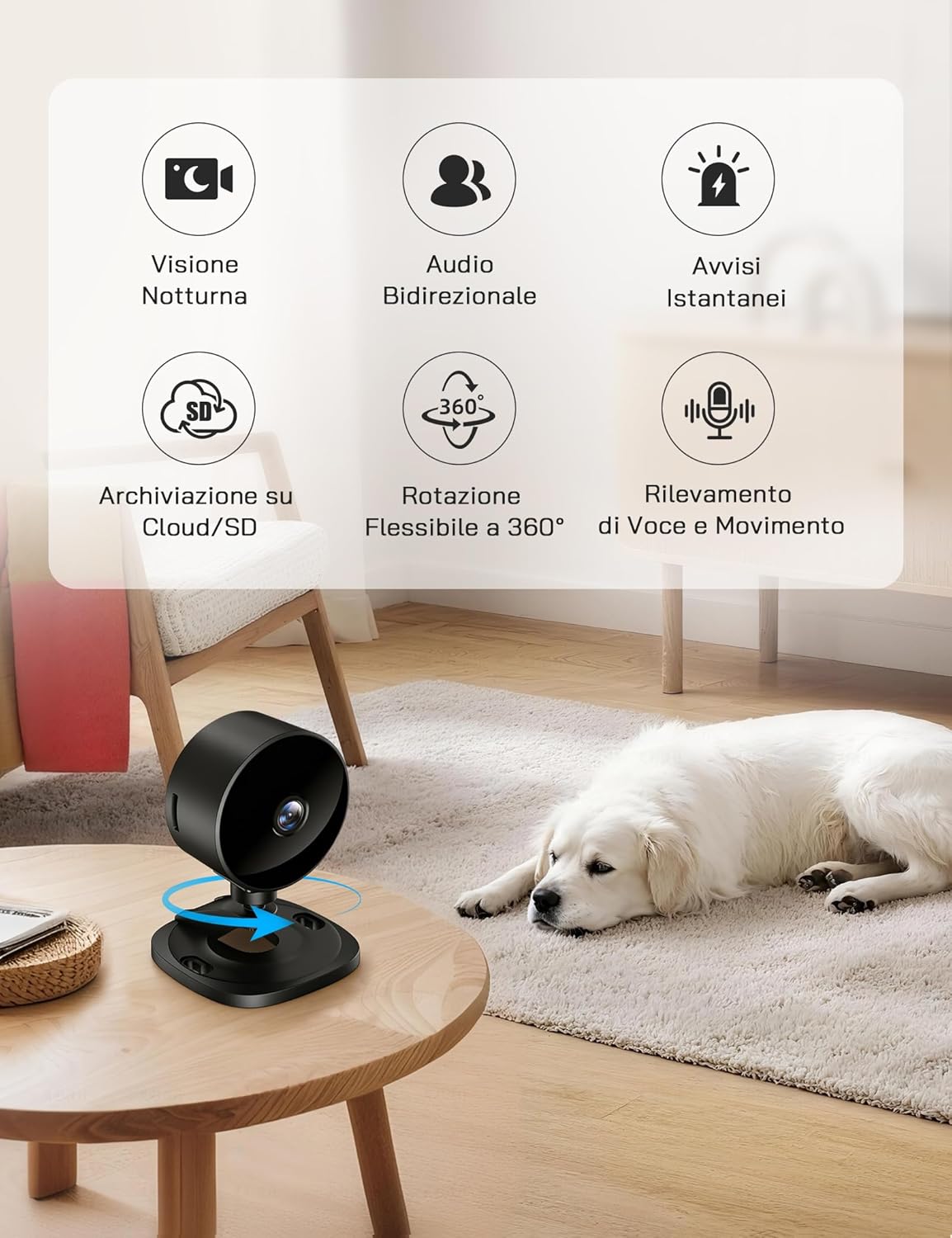 Detalle 2 de WOLFANG Telecamera WiFi Interna 1080P: visione notturna, audio bidirezionale e compatibilità Alexa/Google Home