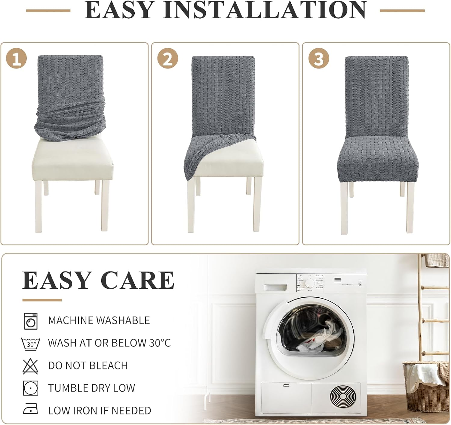 Detalle 2 de Housse de Chaise Élastique Antitache Ystyle – 6 pièces, Gris Clair, Haute Élasticité