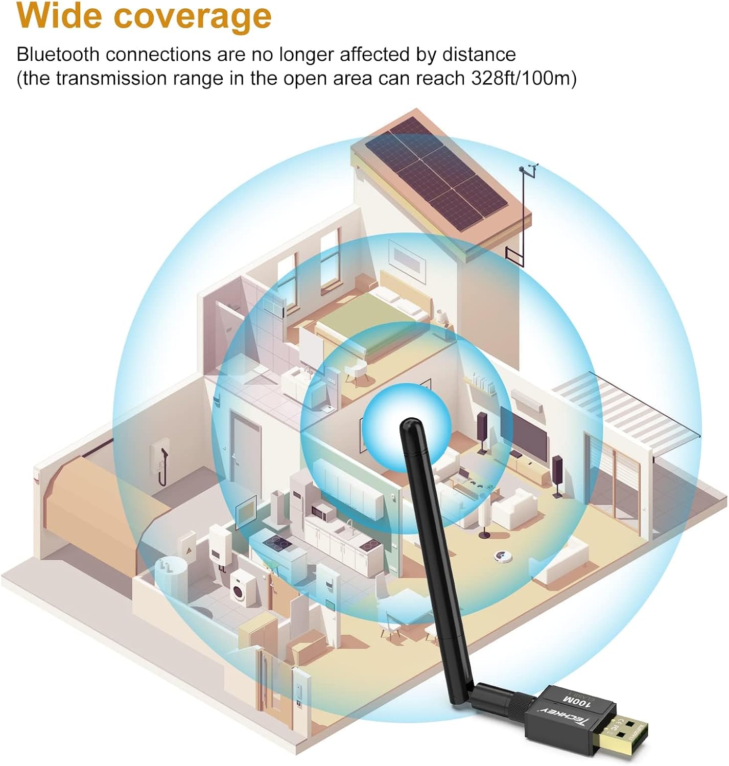 Detalle 2 de Techkey Black-5.3-1 USB Bluetooth 5.3 Adapter, Class 1, 300 ft Range