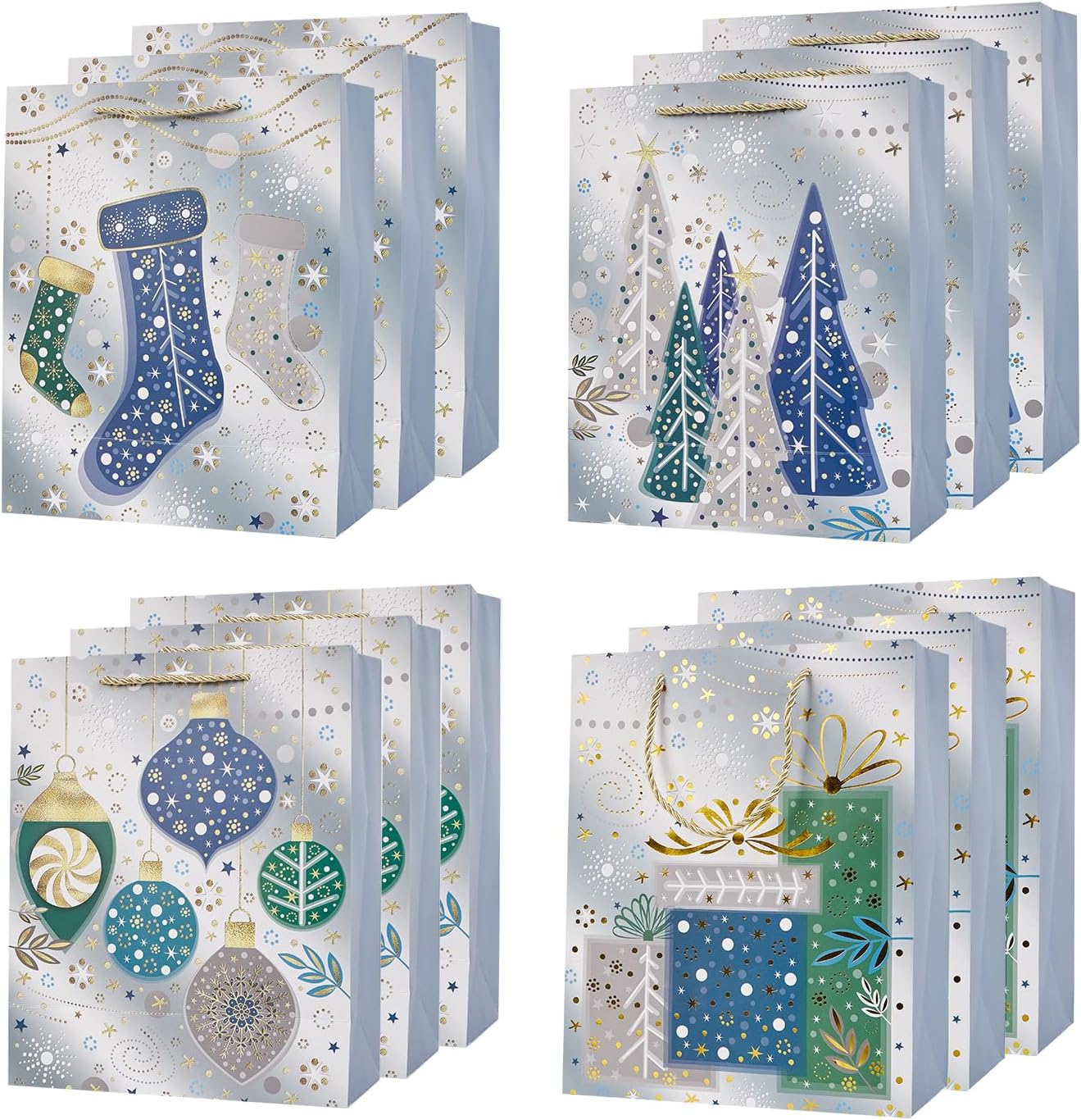 Detalle de 12Pcs Christmas Paper Gift Bags with Tissue Paper (Silver) – 9 Inch Medium Pack