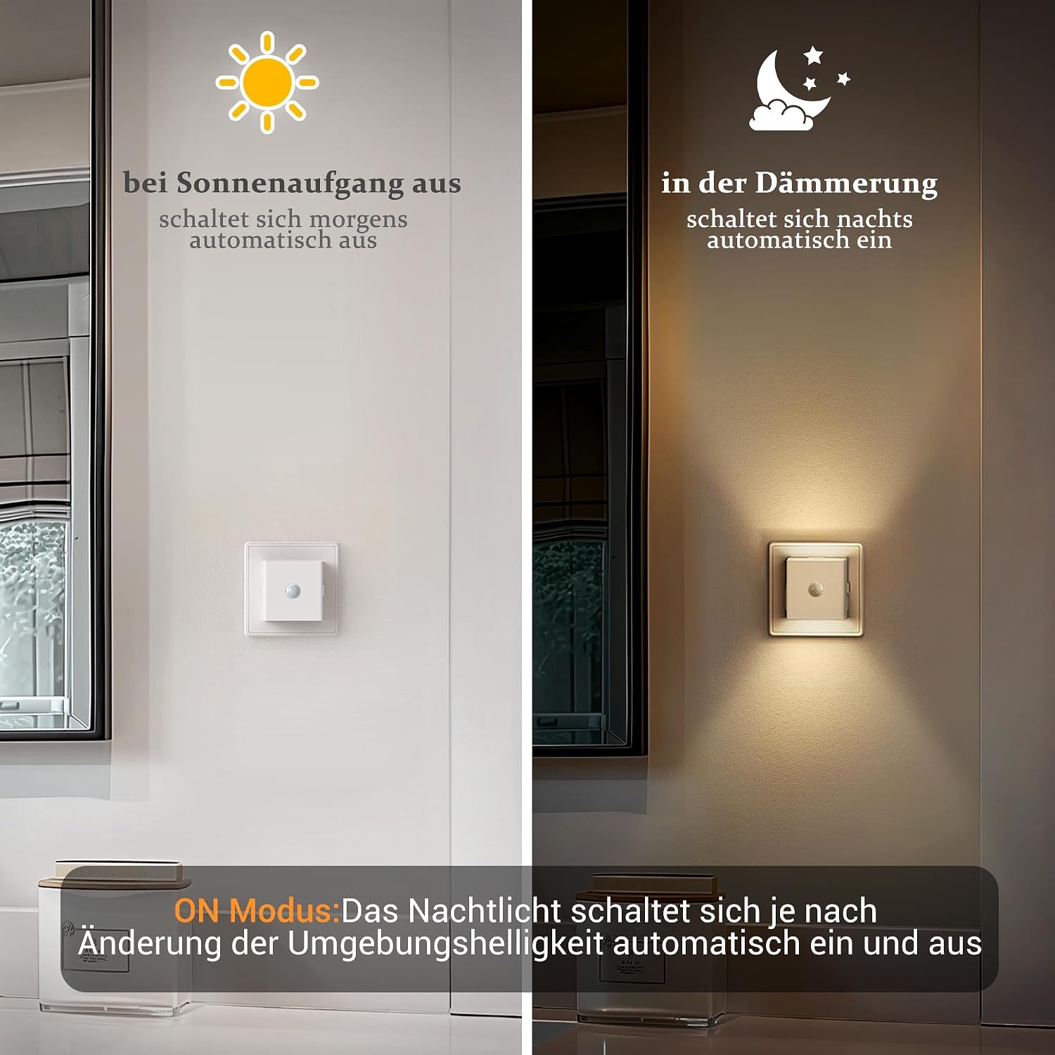 Thumbnail 3 de Emeritpro Nachtlicht-Steckdose mit Bewegungsmelder & Dämmerungssensor, 3 Helligkeitsstufen, 2er-Set (Warmweiß)