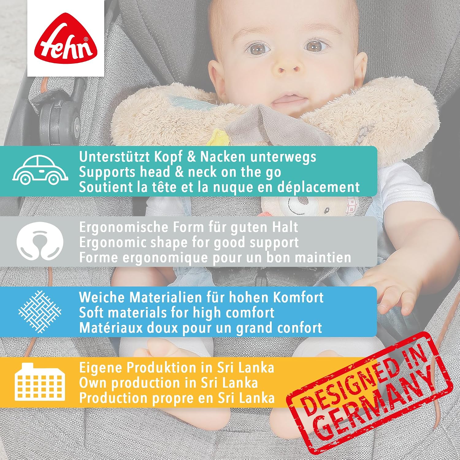 Detalle 2 de Fehn Nackenstütze Faultier – Nackenkissen mit Tierapplikation für Auto, Babyschale und Kinderwagen