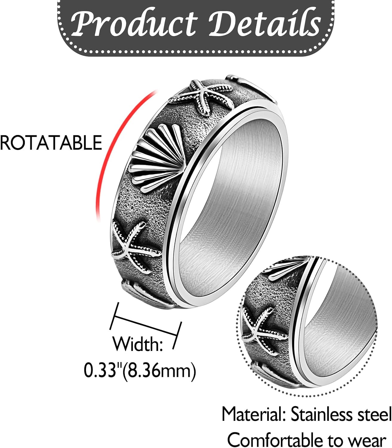Detalle de JewelryWe Angst Ring mit Seestern & Muschel – Vintage Edelstahl Drehring für Damen und Herren