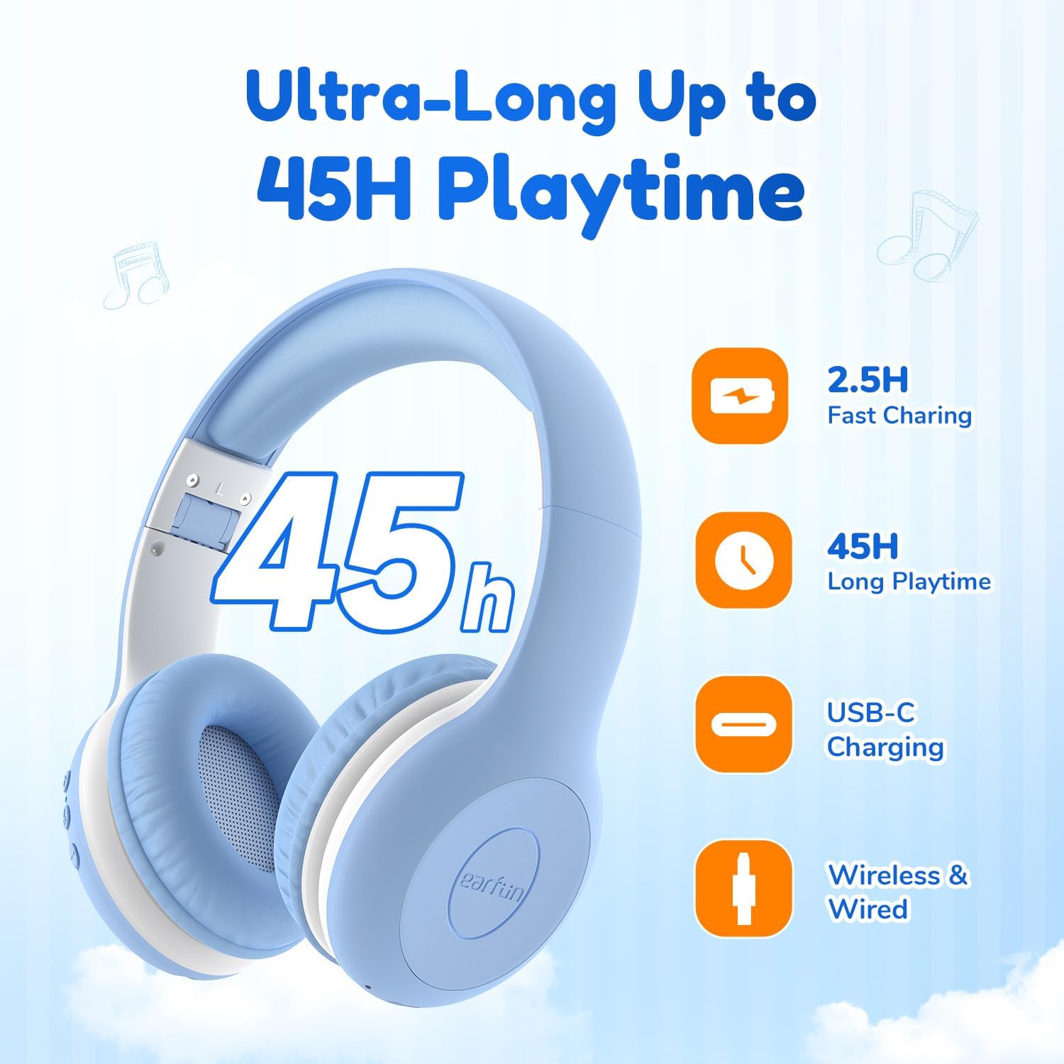 Detalle 2 de EarFun Kids Wireless Headphones (74/85/94dB Volume Limited) with Microphone, Sky Blue
