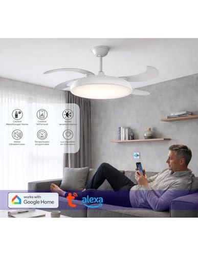 Detalle de JARDIN202 Zahara Wifi Blanco: Ventilador de Techo con Aspas Retráctiles, Luz LED Regulable y Control Remoto