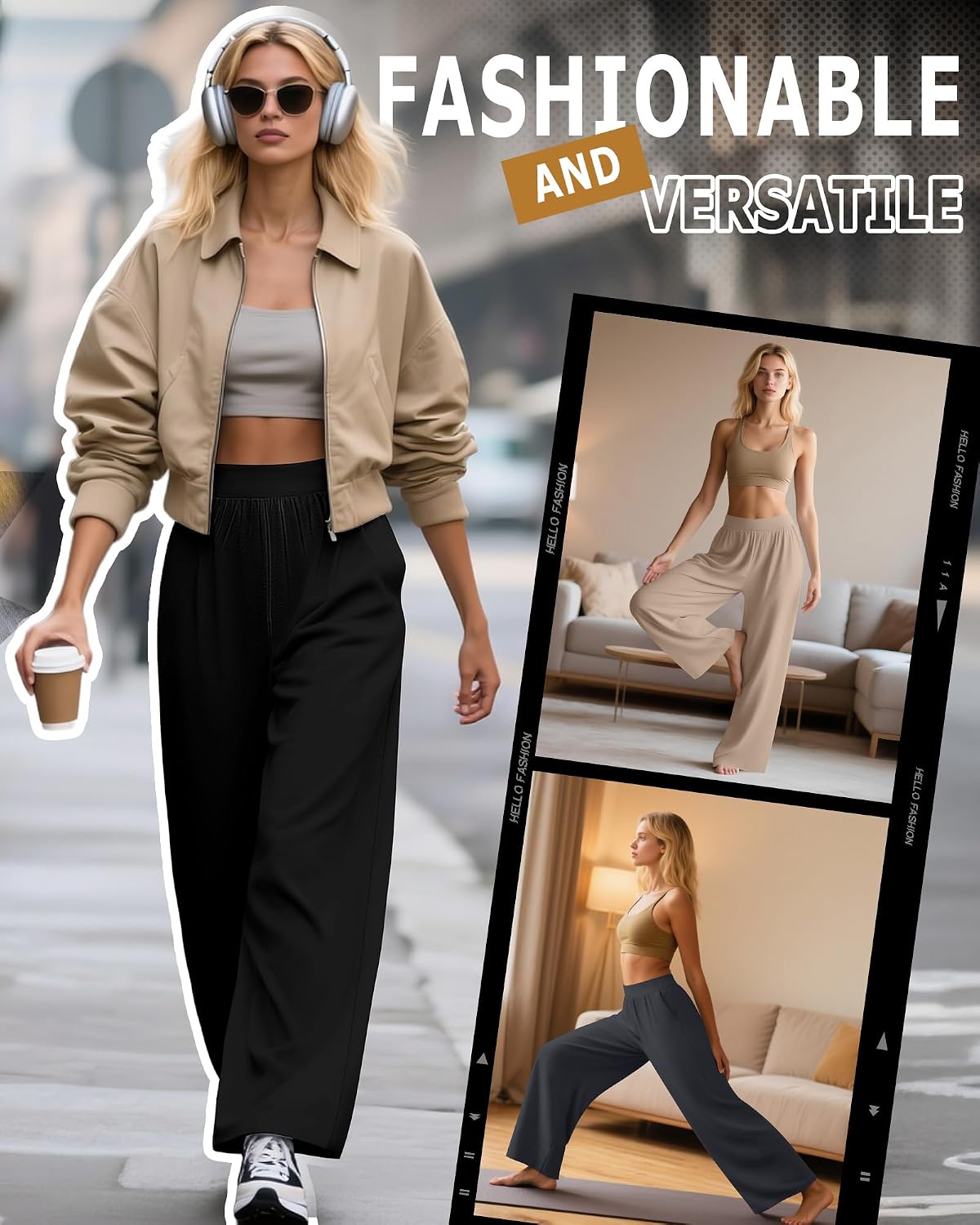 Detalle 2 de Huukeay 3-Pack Women’s Lounge Pants (Wide-Leg Yoga Sweatpants with Pockets)