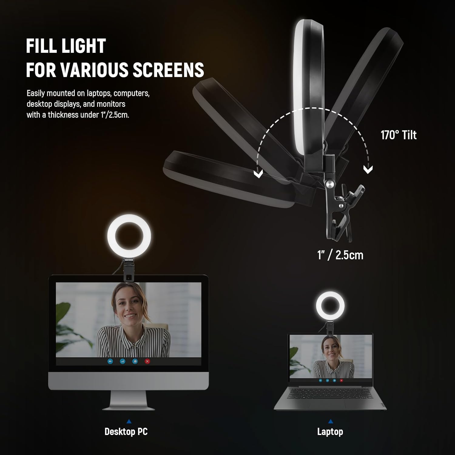 Thumbnail 3 de NEEWER BASICS BR60 5" Ring Light (clip-on) for video calls and desk filming