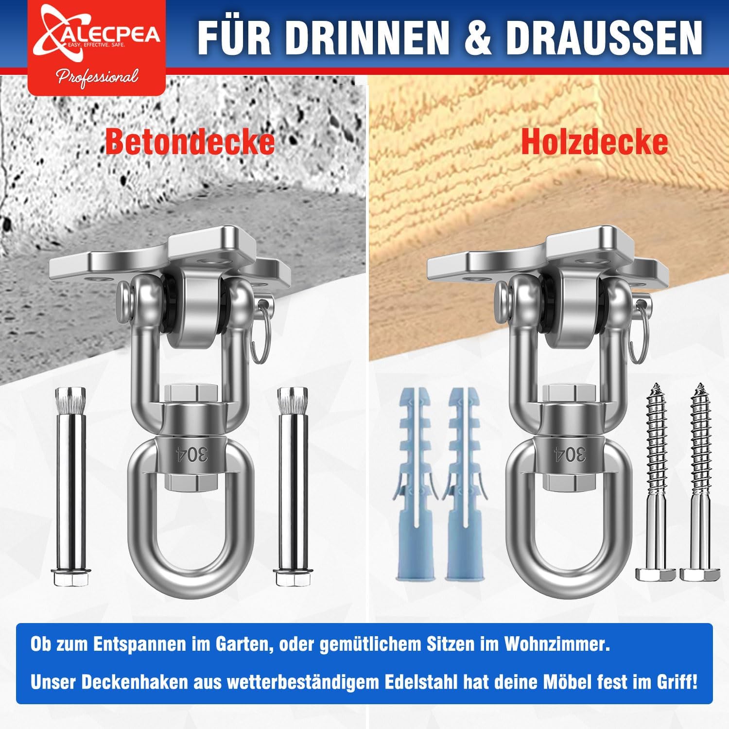 Thumbnail 2 de ALECPEA 360° Dreh-Deckenhaken für Schaukeln & Hängesessel – Tragfähigkeit 450 kg, Edelstahl