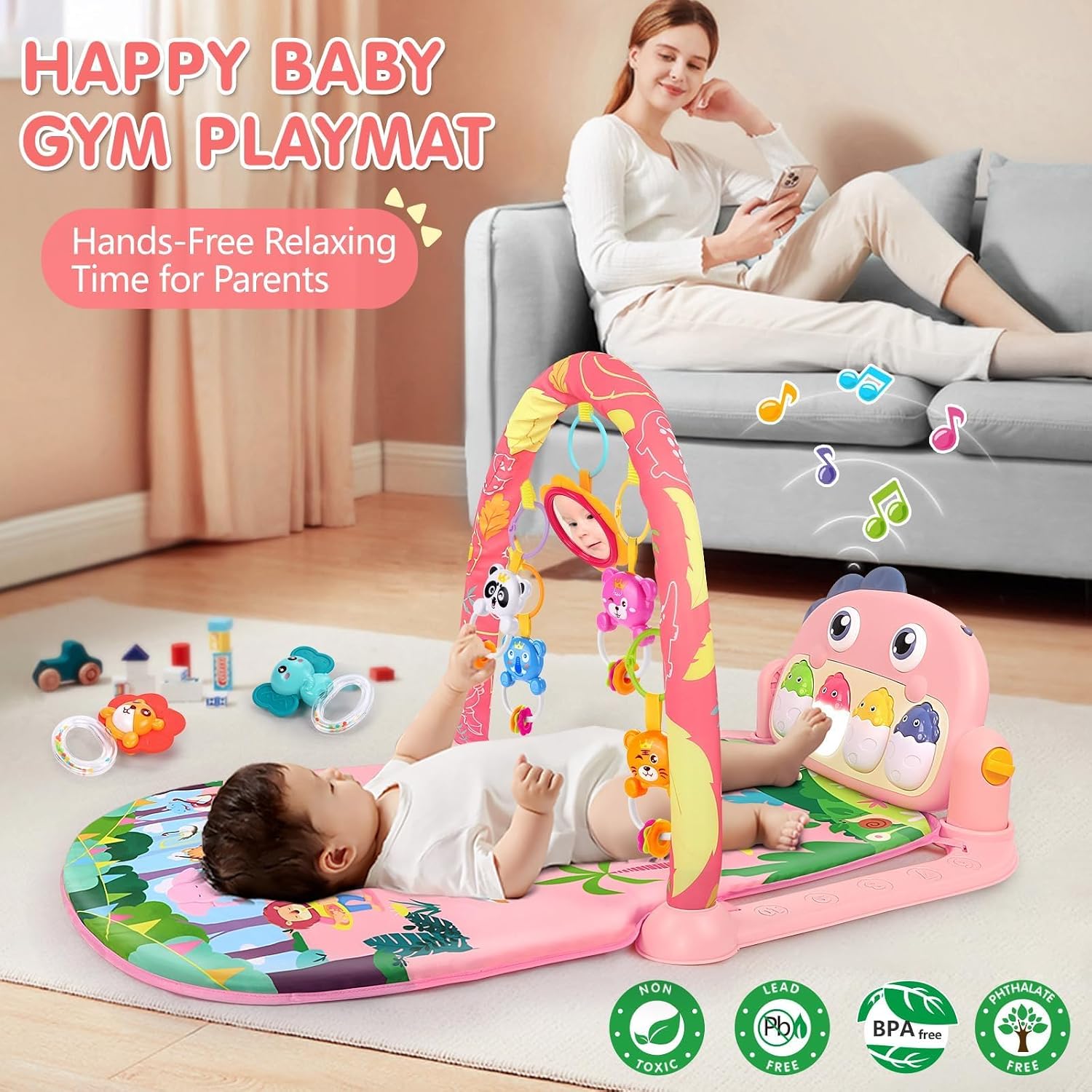 Detalle de UMIKU Pink Dinosaur Baby Play Gym Mat with Musical Piano and Activity Toys