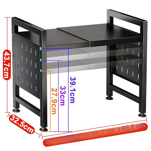 Detalle de SAYZH Soporte Extensible para Microondas de Encimera (40-70 cm) con 2 Niveles y 10 Ganchos – Negro