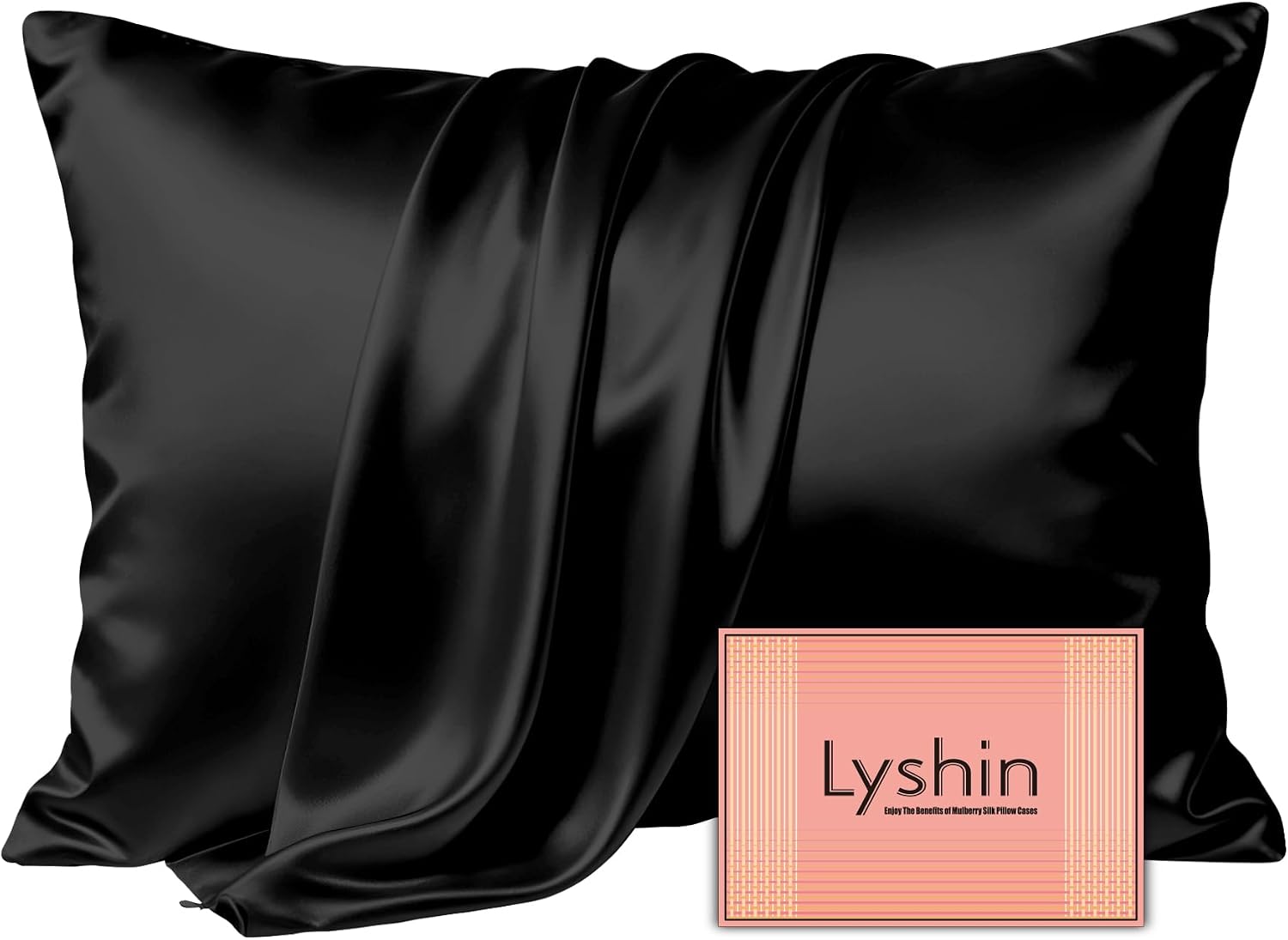 Detalle de LYSHIN 19 Momme Mulberry Silk Pillowcase, Standard Size, Black with Hidden Zipper