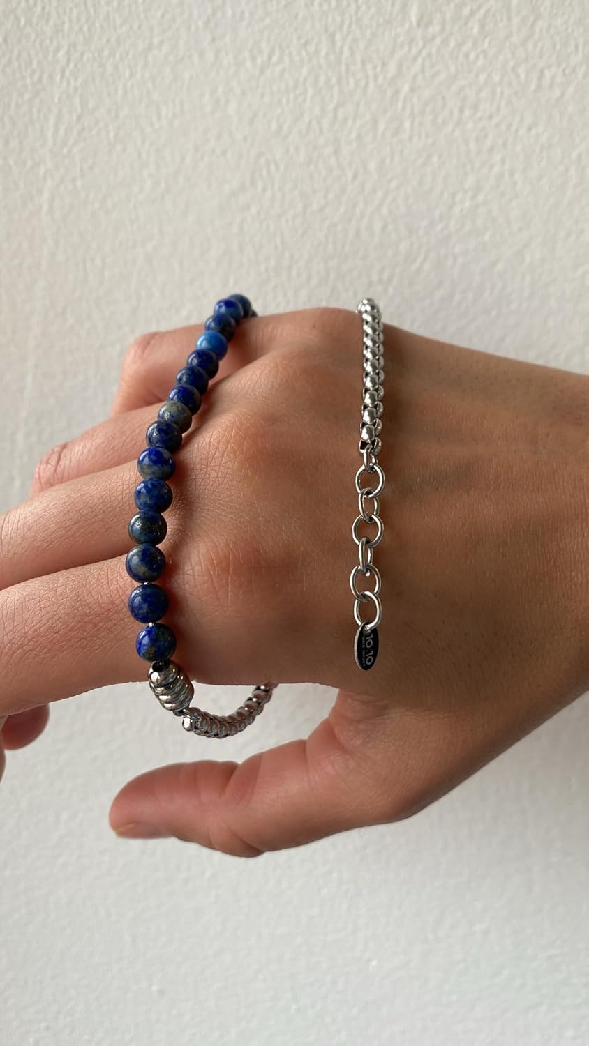 Detalle de 10:10 Bracciale Unisex Pietre Naturali 6 mm — Catena Veneziana in Acciaio Inox Lucido, Made in Italy
