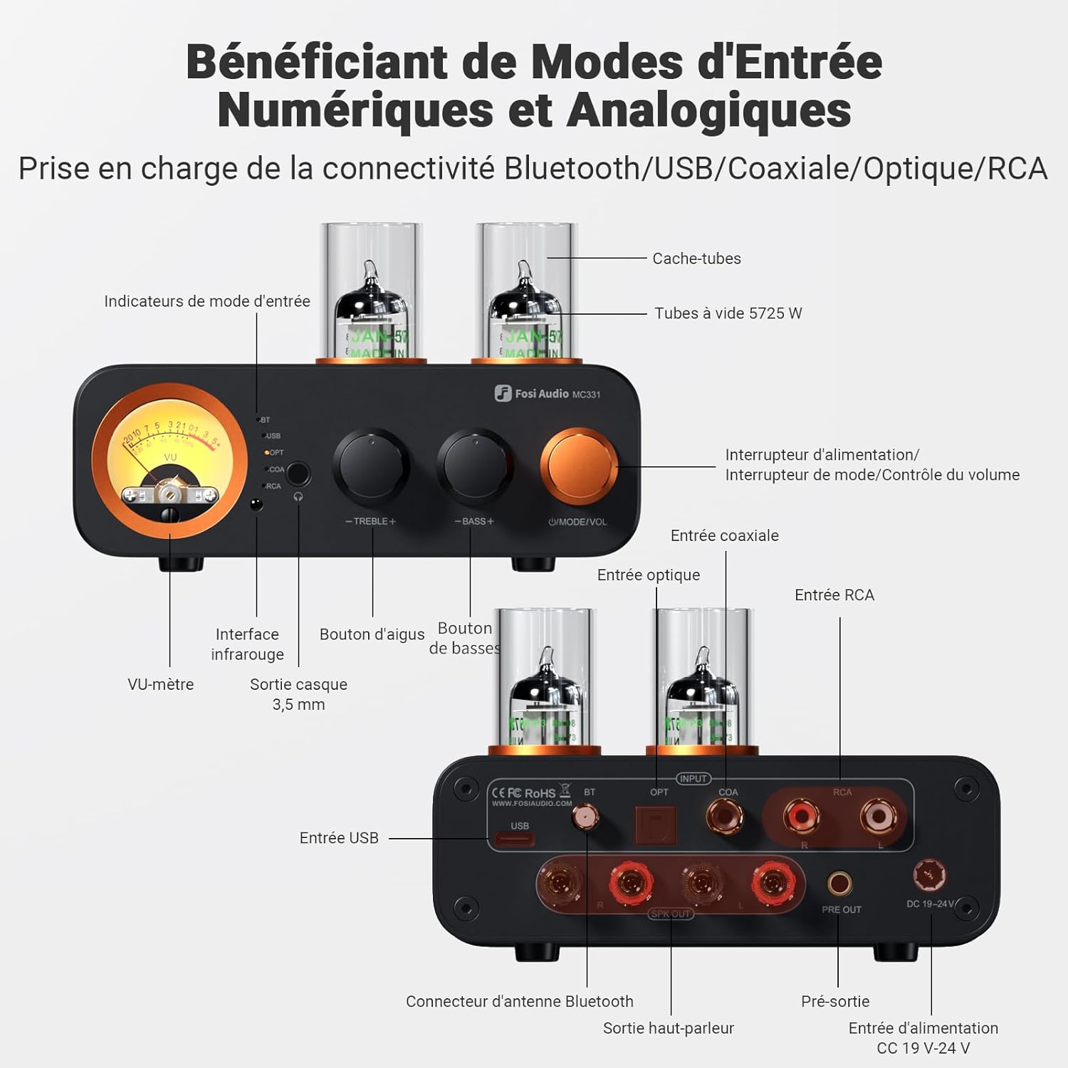 Detalle de Fosi Audio MC331 : amplificateur à tubes HiFi avec DAC, VU-mètre et Bluetooth