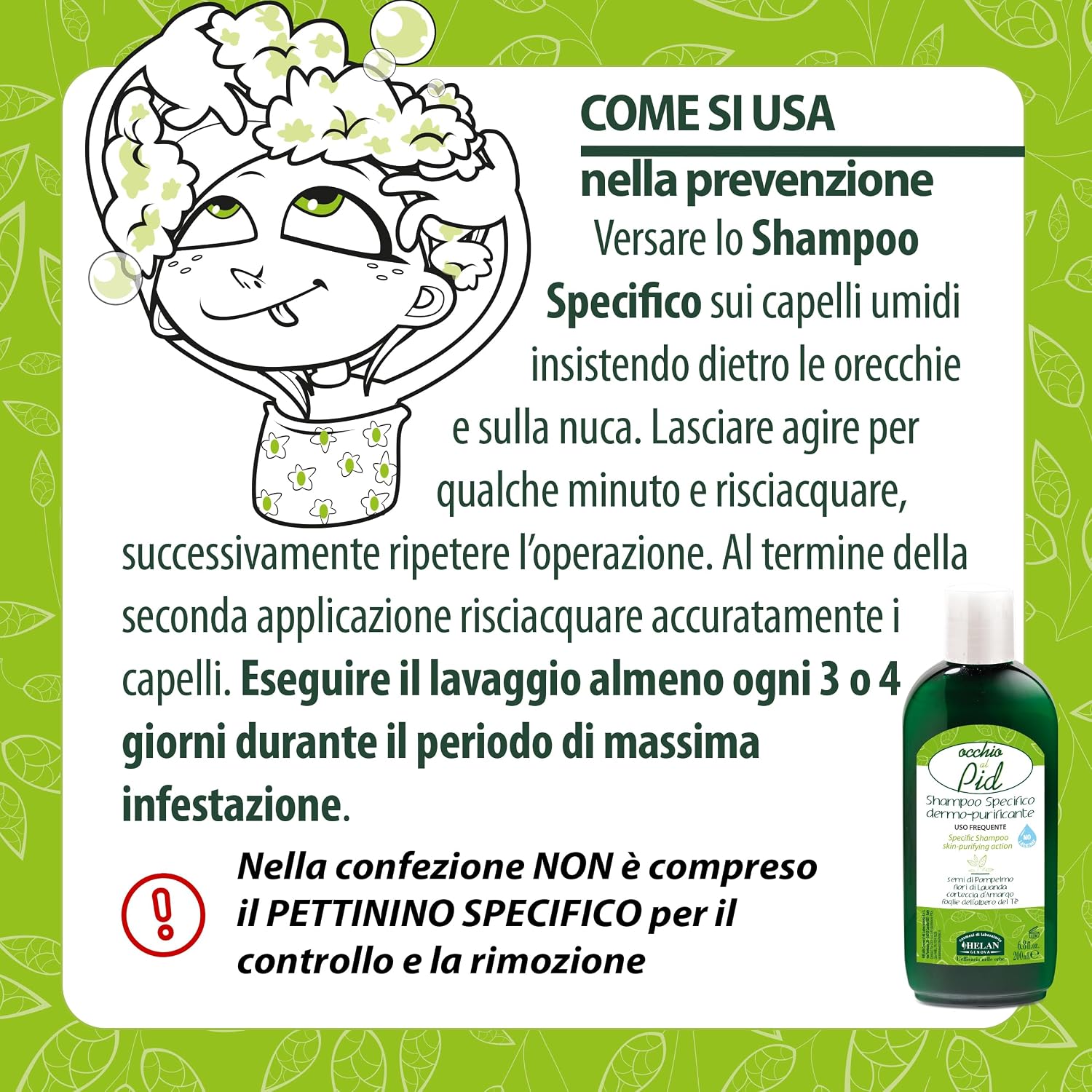 Detalle de Helan Occhio al Pidocchio Shampoo Pidocchi e Lendini Forte – trattamento per pelli sensibili, oli vegetali e lavanda, 200 ml