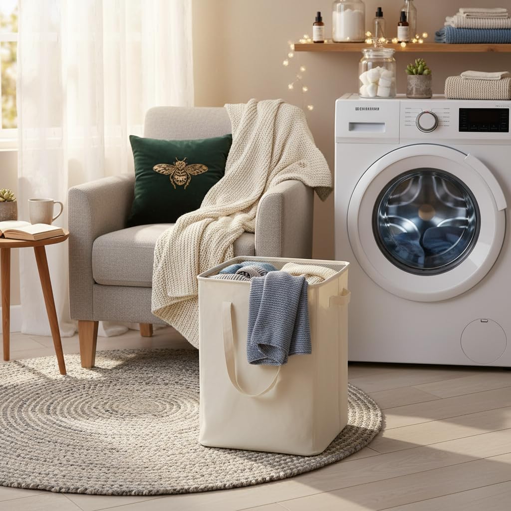 Detalle de efluky LH123 Slim Laundry Basket, 90L Collapsible Beige Oxford Hamper