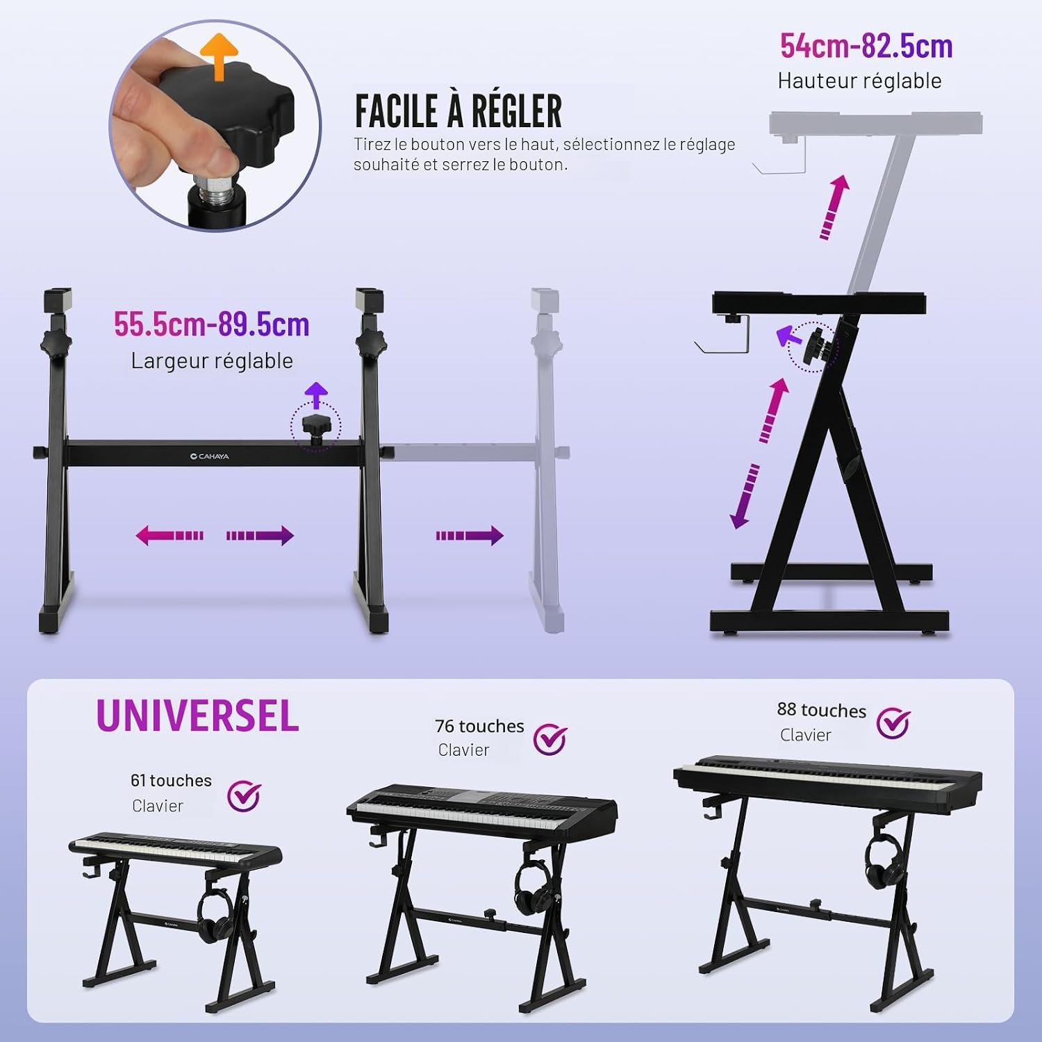 Detalle 2 de CAHAYA Support Clavier Piano en Z – robuste et adjustable jusqu’à 113 kg, 55,5–89,5 cm