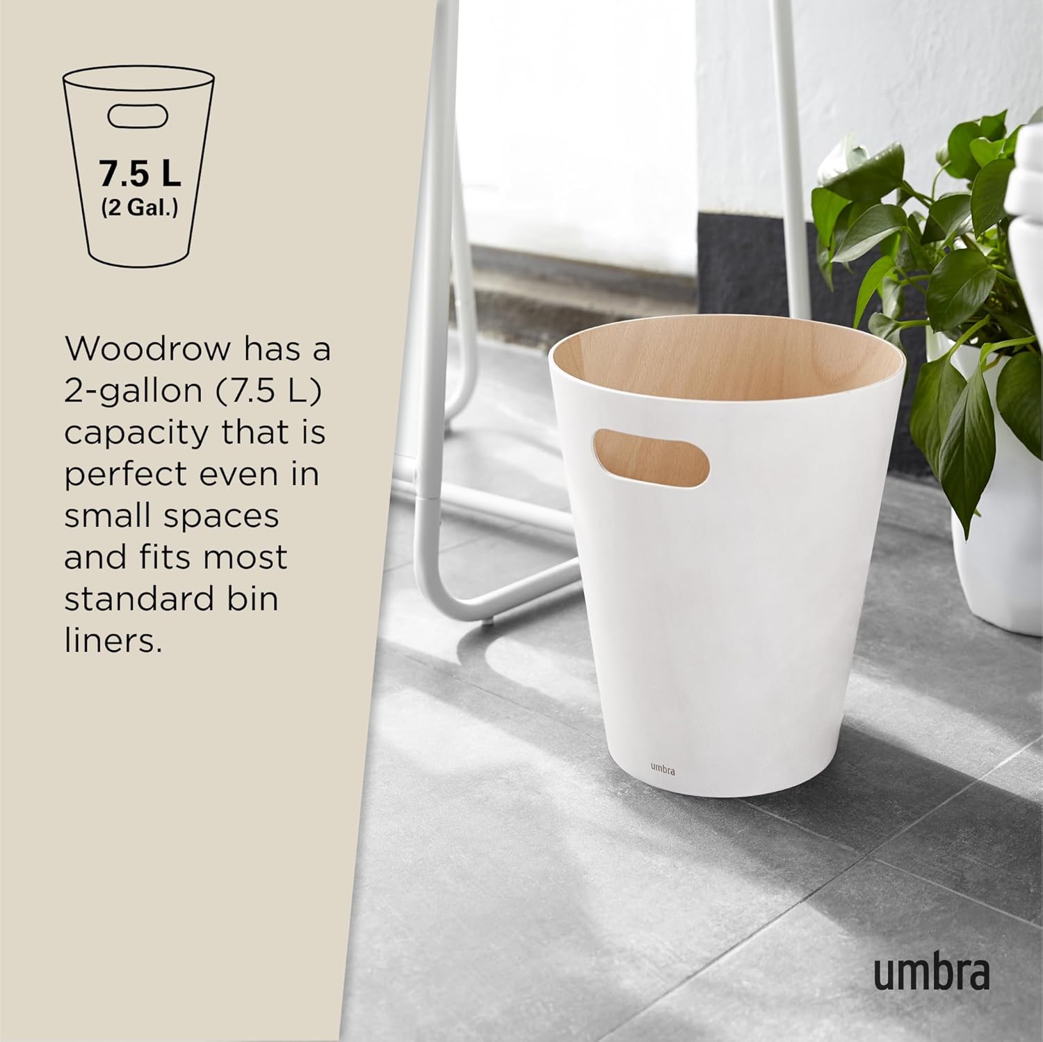 Detalle de Umbra Woodrow Abfalleimer – Zweifarbiger Holzpapierkorb, 7,5 L, Weiss/Natur