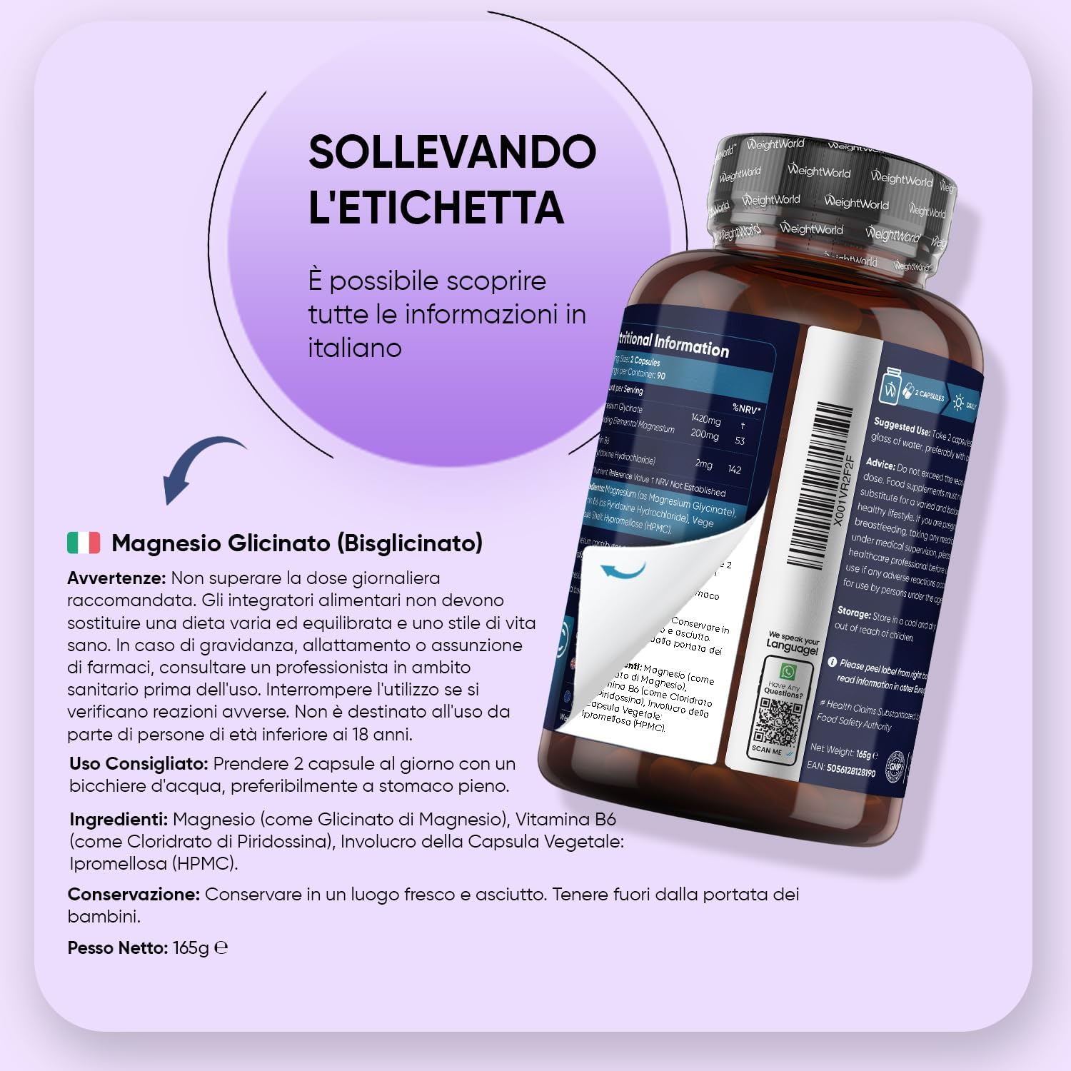 Thumbnail 5 de WeightWorld Magnesio Bisglicinato 1422 mg per Dose con Vitamina B6 – 180 Capsule Vegane