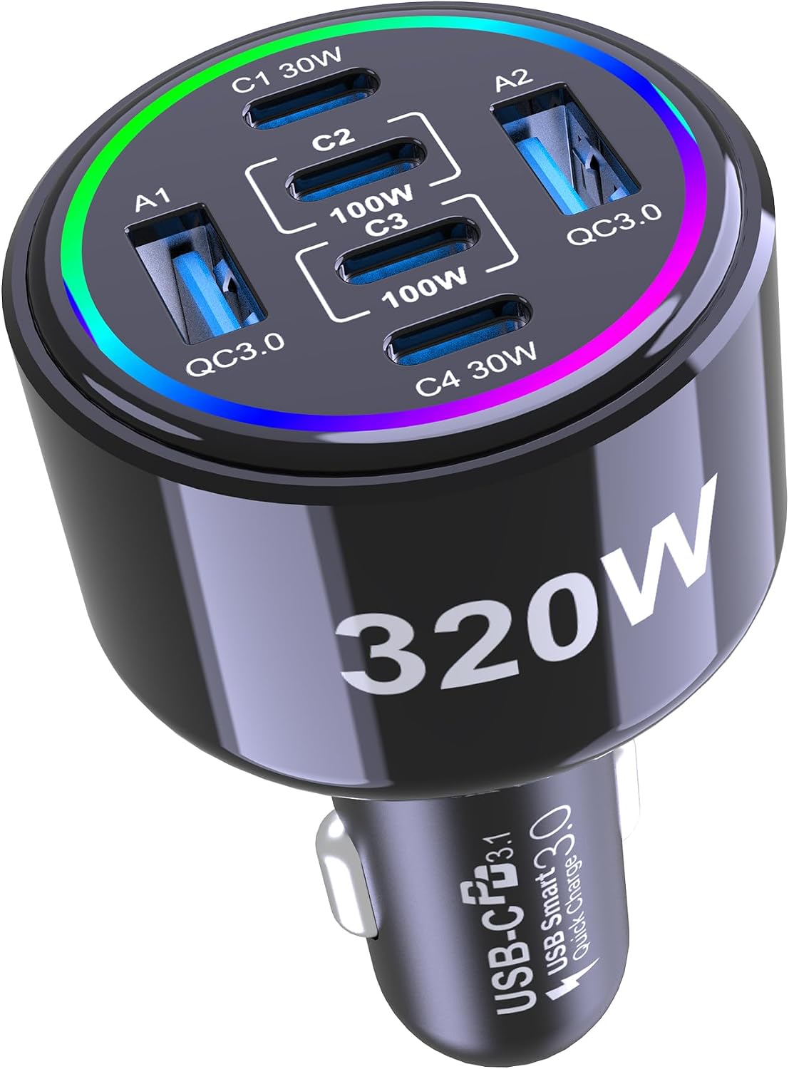 Detalle de 320W USB-C Car Charger with 6 Ports: PD3.0/QC4.0 PPS Fast Charging for iPhone, MacBook, and More