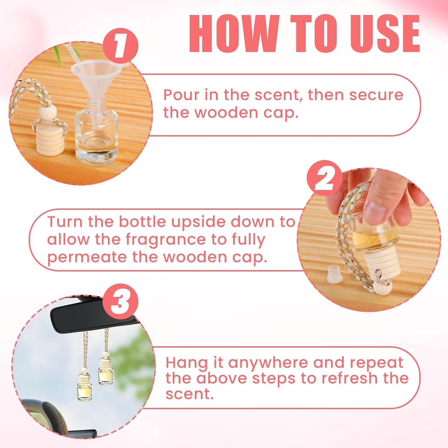Detalle de 240 Pcs Car Diffuser Bottle Set with Wooden Caps, Drops and Funnel – DIY Car Air Freshener Bottles (Clear Glass, 240-Pack)
