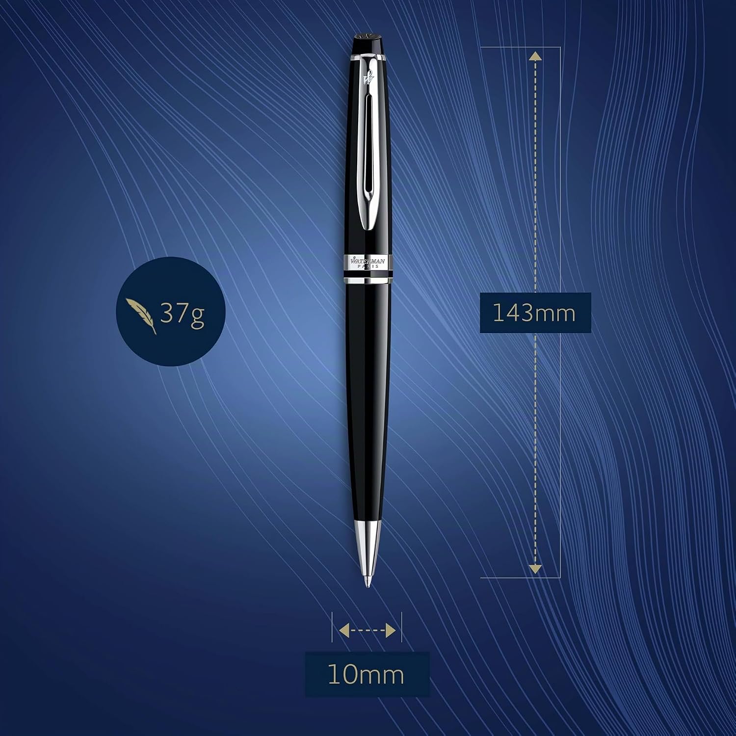 Detalle de Waterman Expert balpen, glanzend zwart met chromen details, medium punt