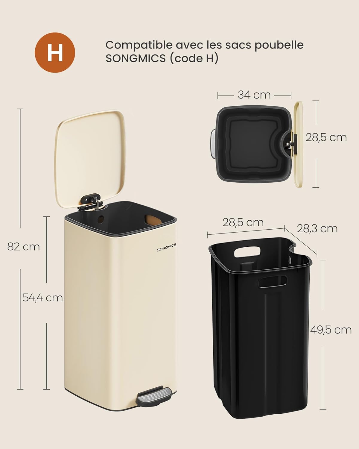 Thumbnail 4 de SONGMICS LTB593A02 – Poubelle de cuisine à pédale 30 L beige sable avec seau intérieur