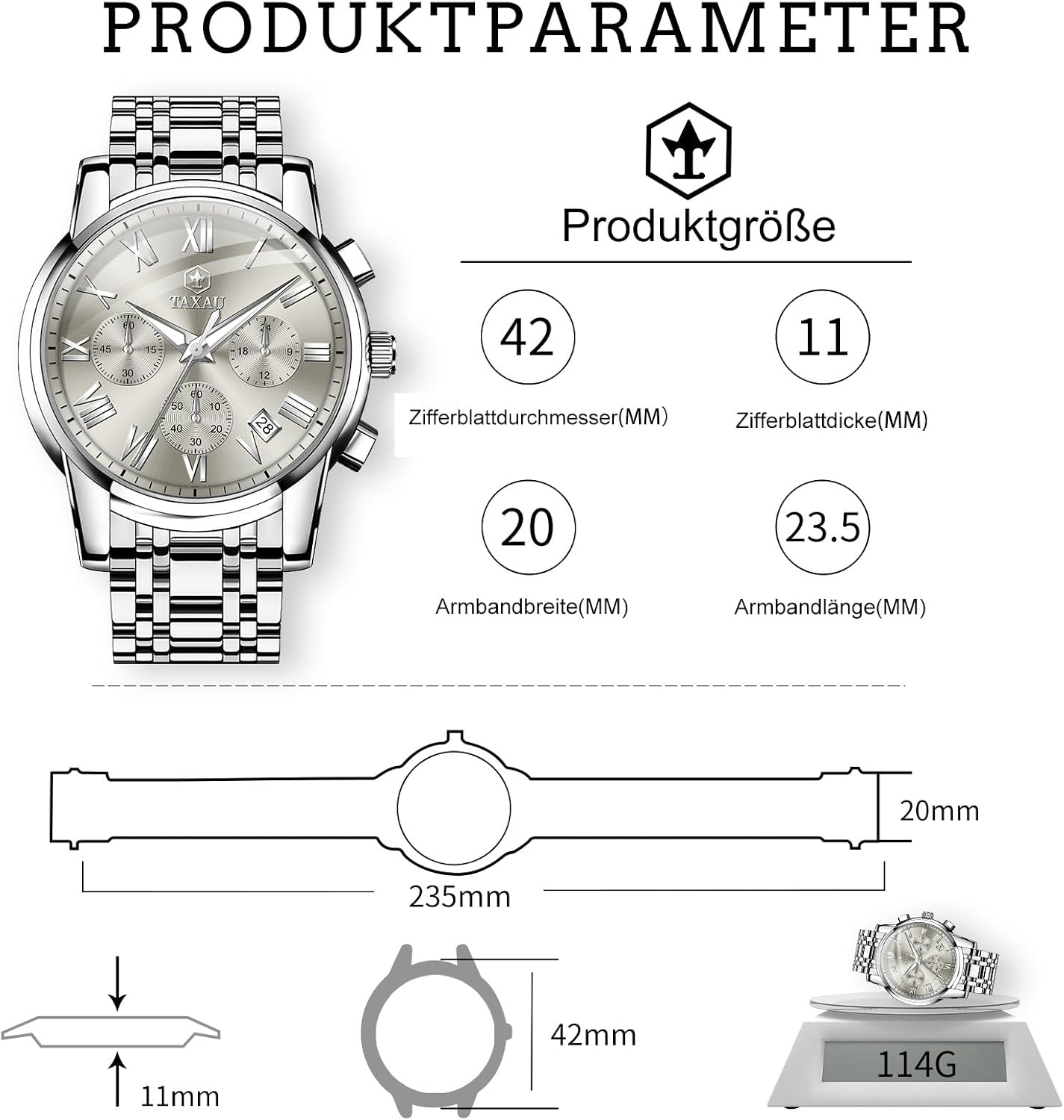 Detalle 2 de Taxau Multifunktions-Chronograph für Herren aus Edelstahl mit römischem Zifferblatt