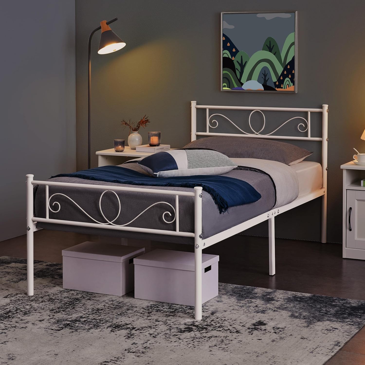 Thumbnail 2 de Yaheetech letto singolo in ferro battuto bianco con rete a doghe 90x190 cm, stile rustico moderno