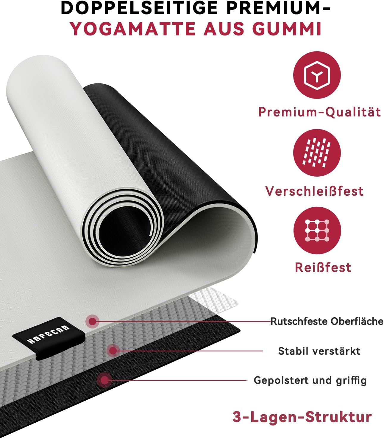Thumbnail 4 de HAPBEAR Yogamatte XXL 183×91 cm (6 mm) – rutschfeste Gymnastik- und Fitnessmatte mit Tragetasche