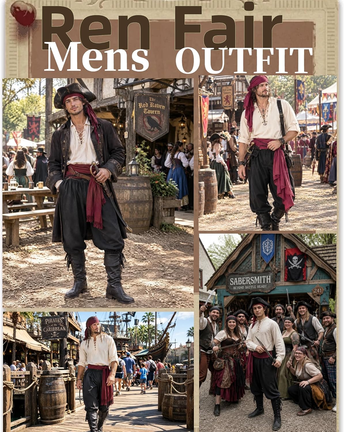 Thumbnail 2 de Men's Pirate Costume with Lace-Up Shirt, Pants, Sash, and 8 Pieces