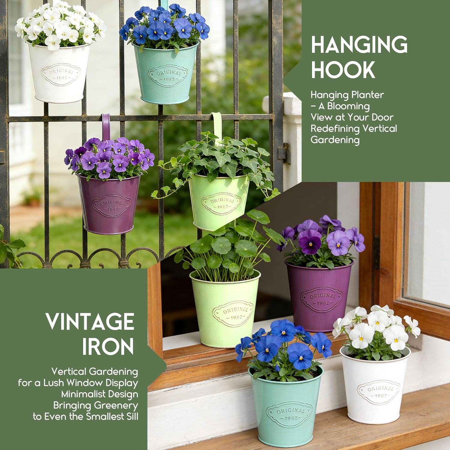 Detalle de CITÉTOILE 4er Set Hängender Blumentopf – Vintage-Style, verzinktes Metall, mit abnehmbarem Haken