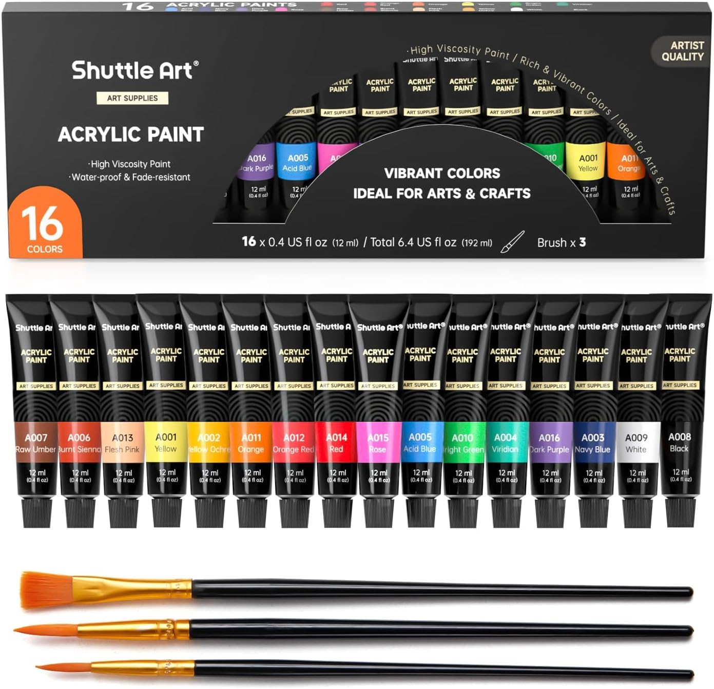 Detalle de Shuttle Art Acrylfarbe-Set (16 x 12 ml) in Tuben – mit Pinseln für Malen auf vielen Oberflächen