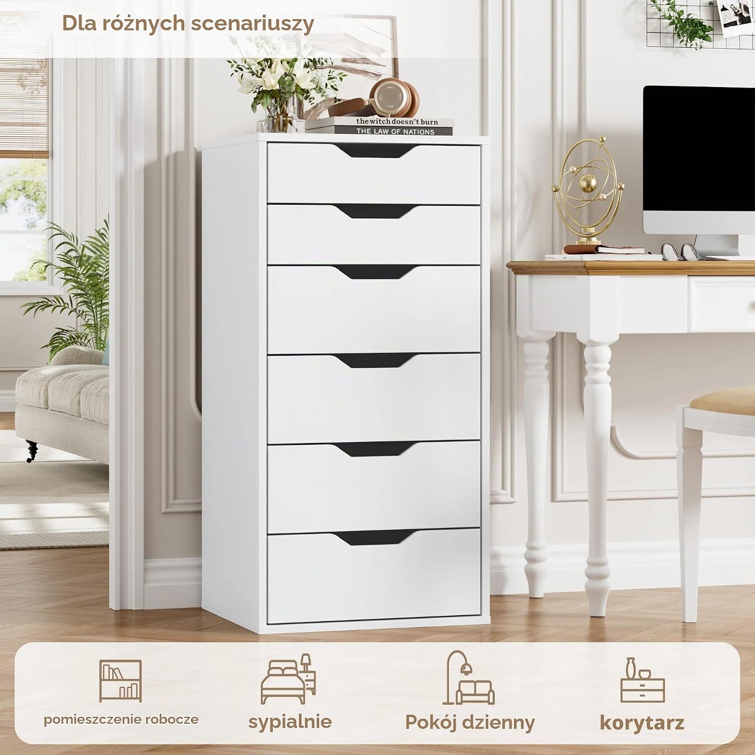 Detalle 2 de FOREHILL M279 – biała komoda z 6 szufladami, 45 × 40 × 90,5 cm