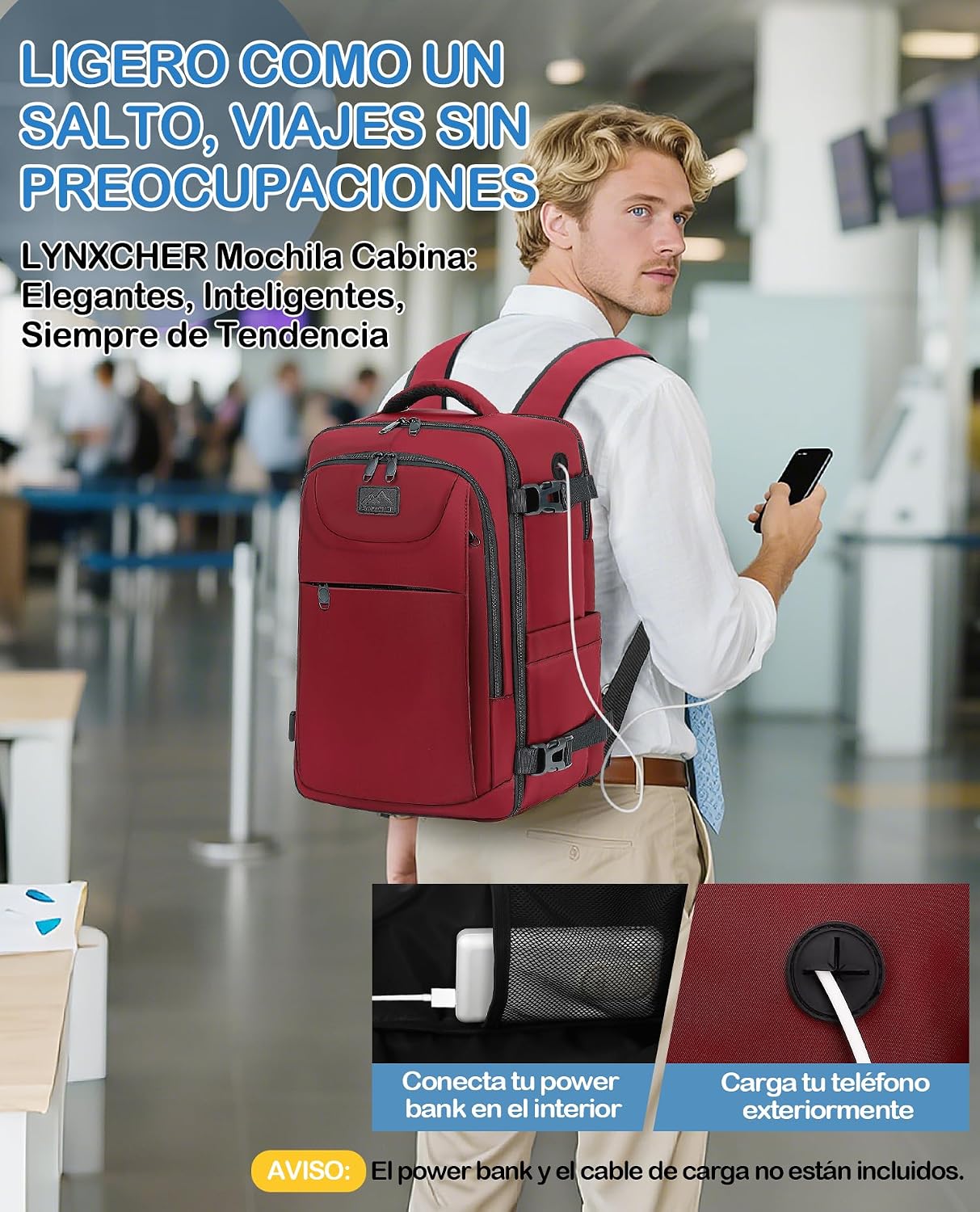 Detalle 2 de LYNXCHER Mochila de Cabina 40x30x20 cm 24L para Ryanair y otras aerolíneas — 15,6'' portátil