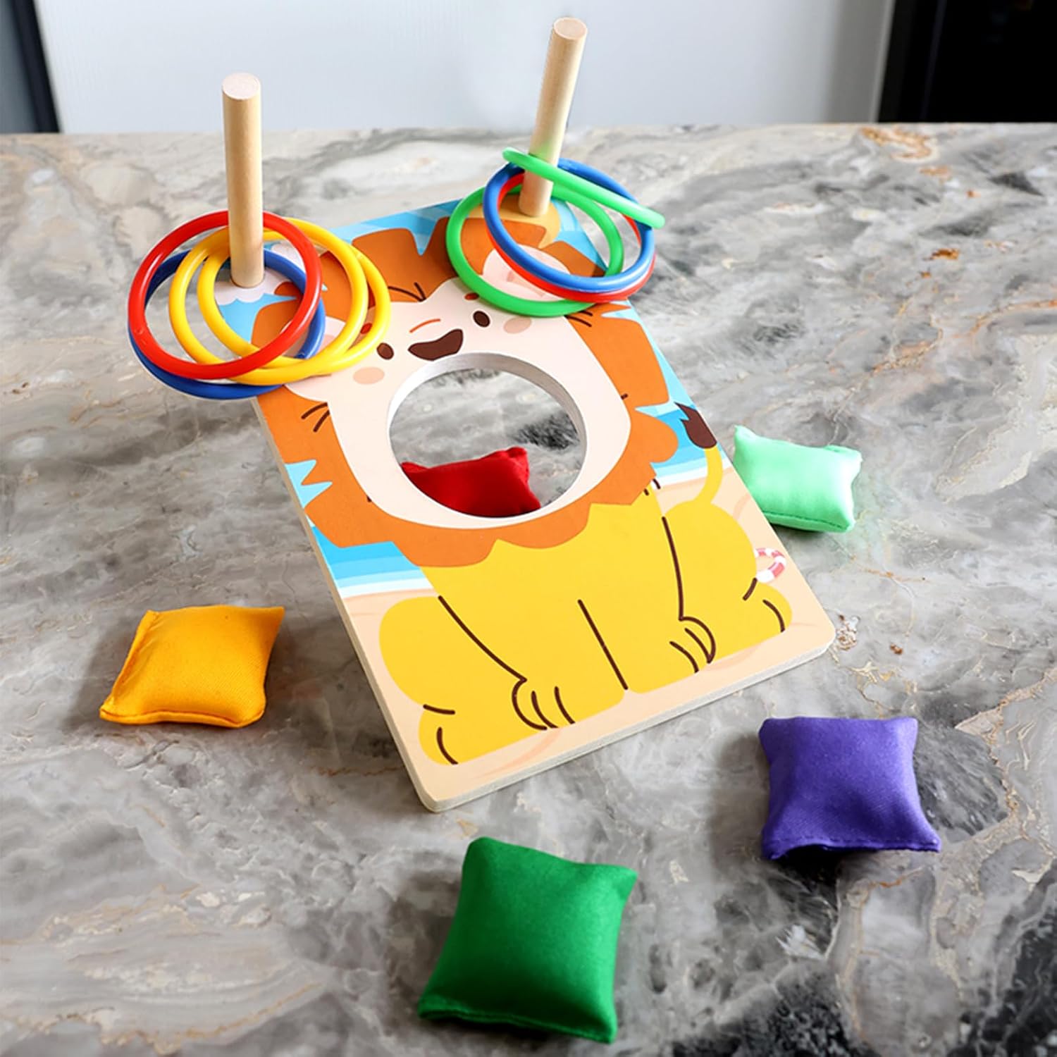 Detalle de ZUNIPLEX Piccolo Set 2 in 1 Cornhole in Legno e Lancio Anelli – Giocattolo Montessori per bambini 3+