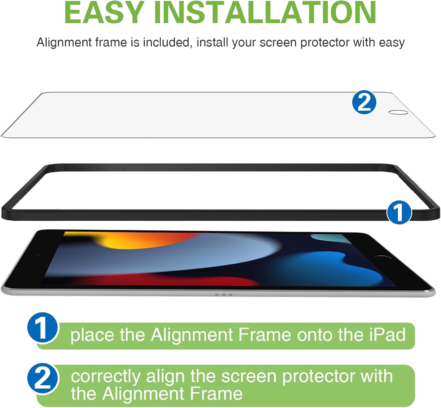 Detalle de LKOOZO Tempered Glass Screen Protector for iPad 9th/8th/7th Gen (10.2-inch) with Installation Frame – 2 Pack