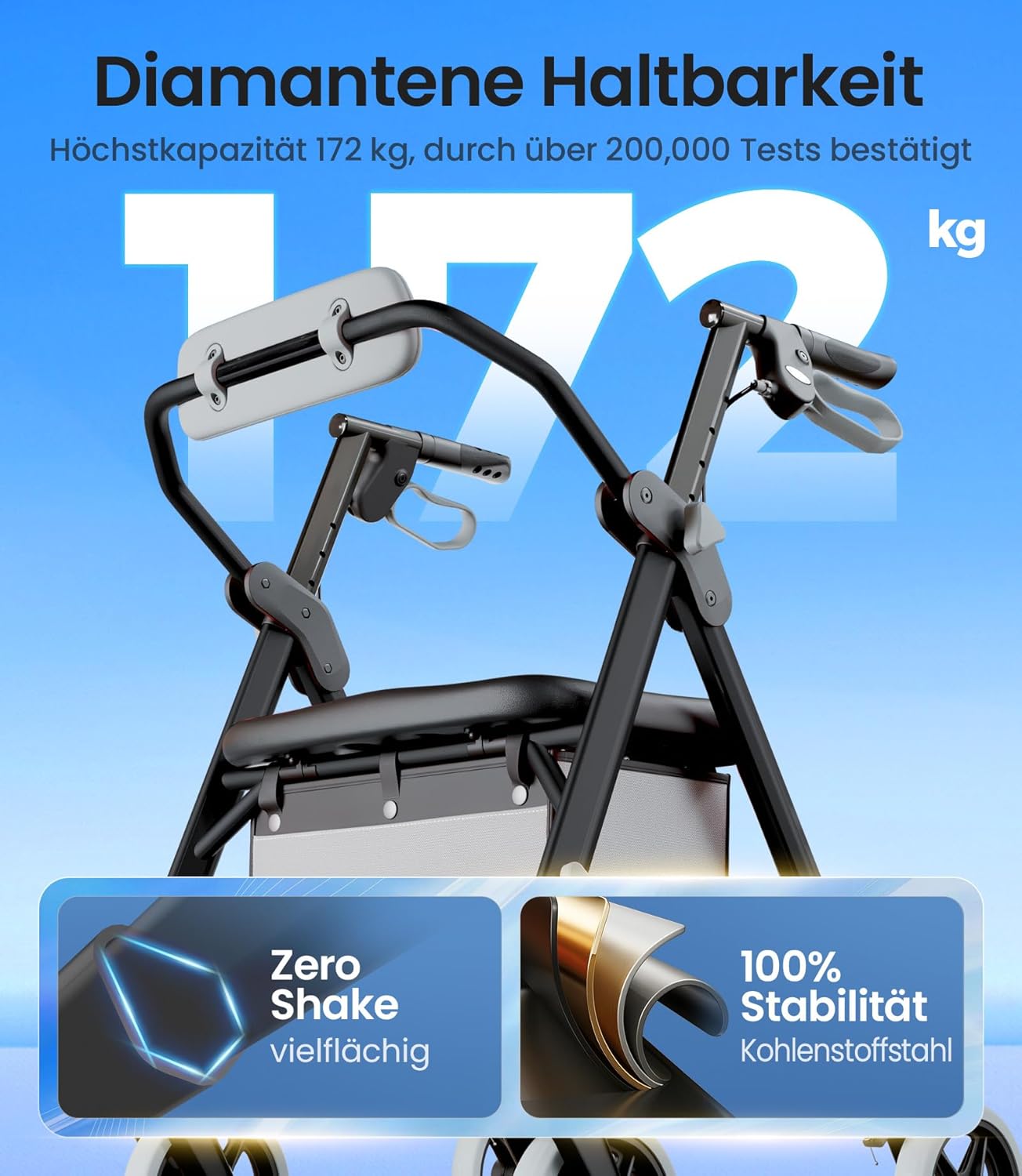 Detalle de VOCIC Z11 Rollator – faltbar, leicht und stabil mit Sitz (Tragkraft 172 kg)