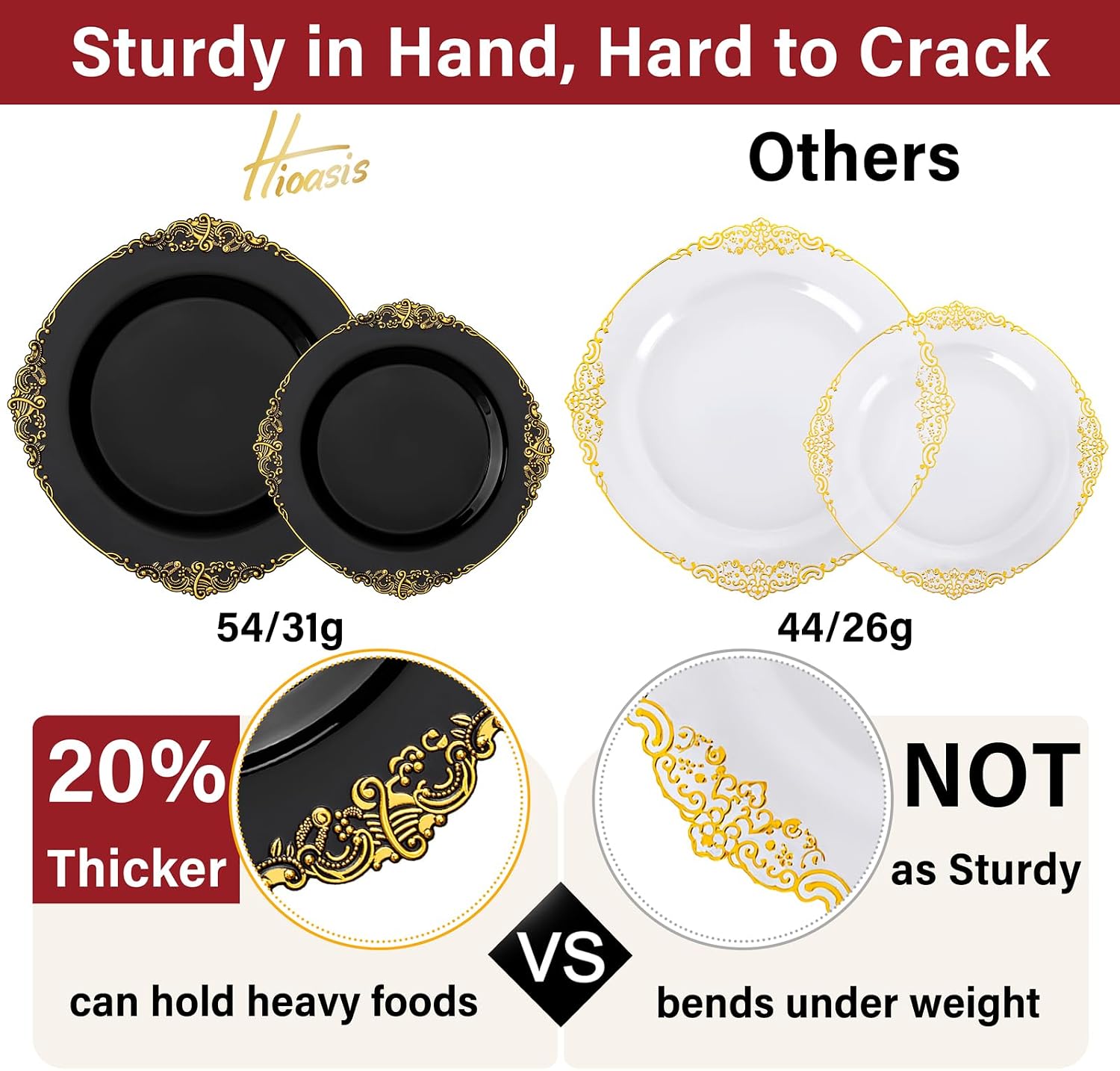 Detalle 2 de Hioasis 350pcs Black & Gold Party Plates Set for 50 Guests