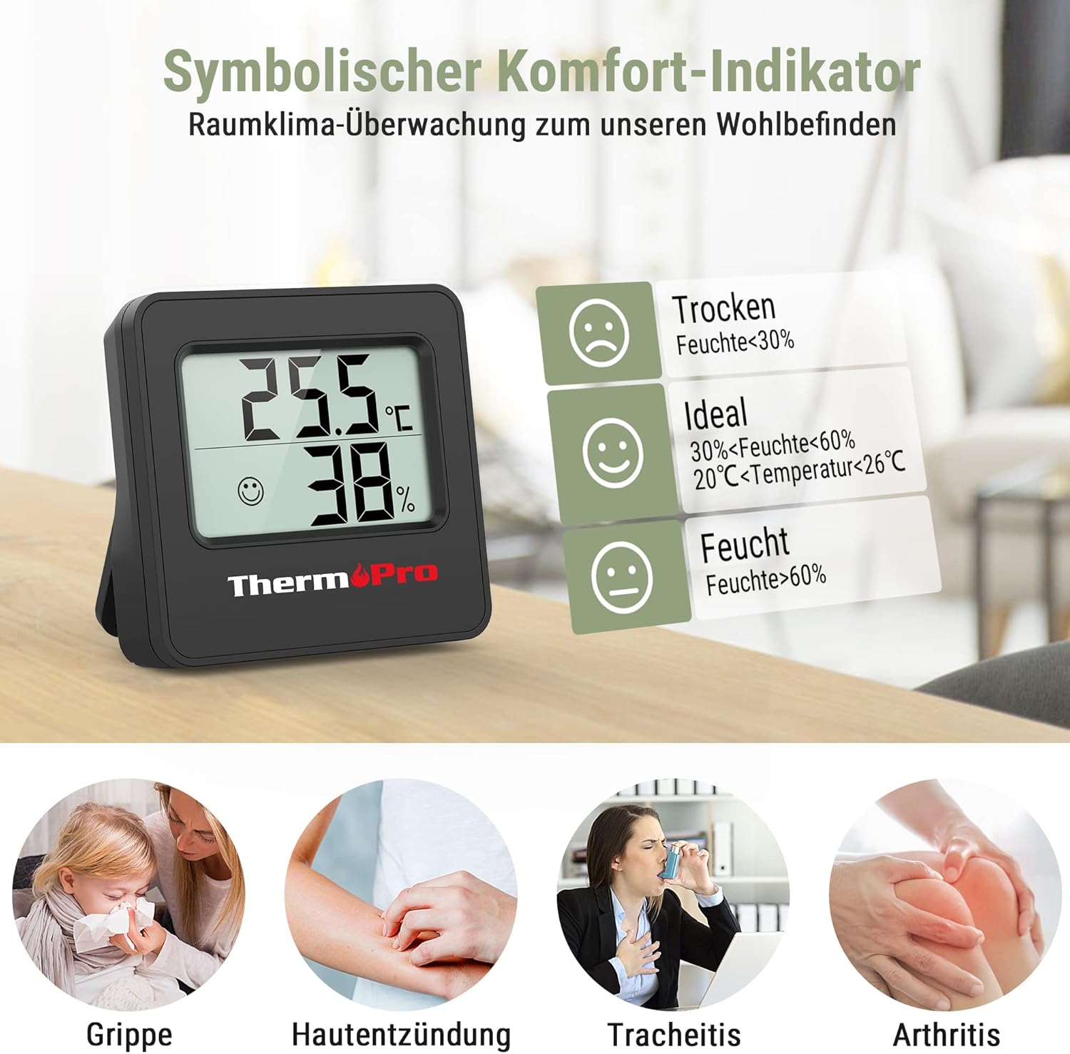 Detalle de ThermoPro Mini Hygrometer & Thermometer Innen 3er-Set (schwarz) – Temperatur- und Luftfeuchte-Messer mit Smiley-Indikator