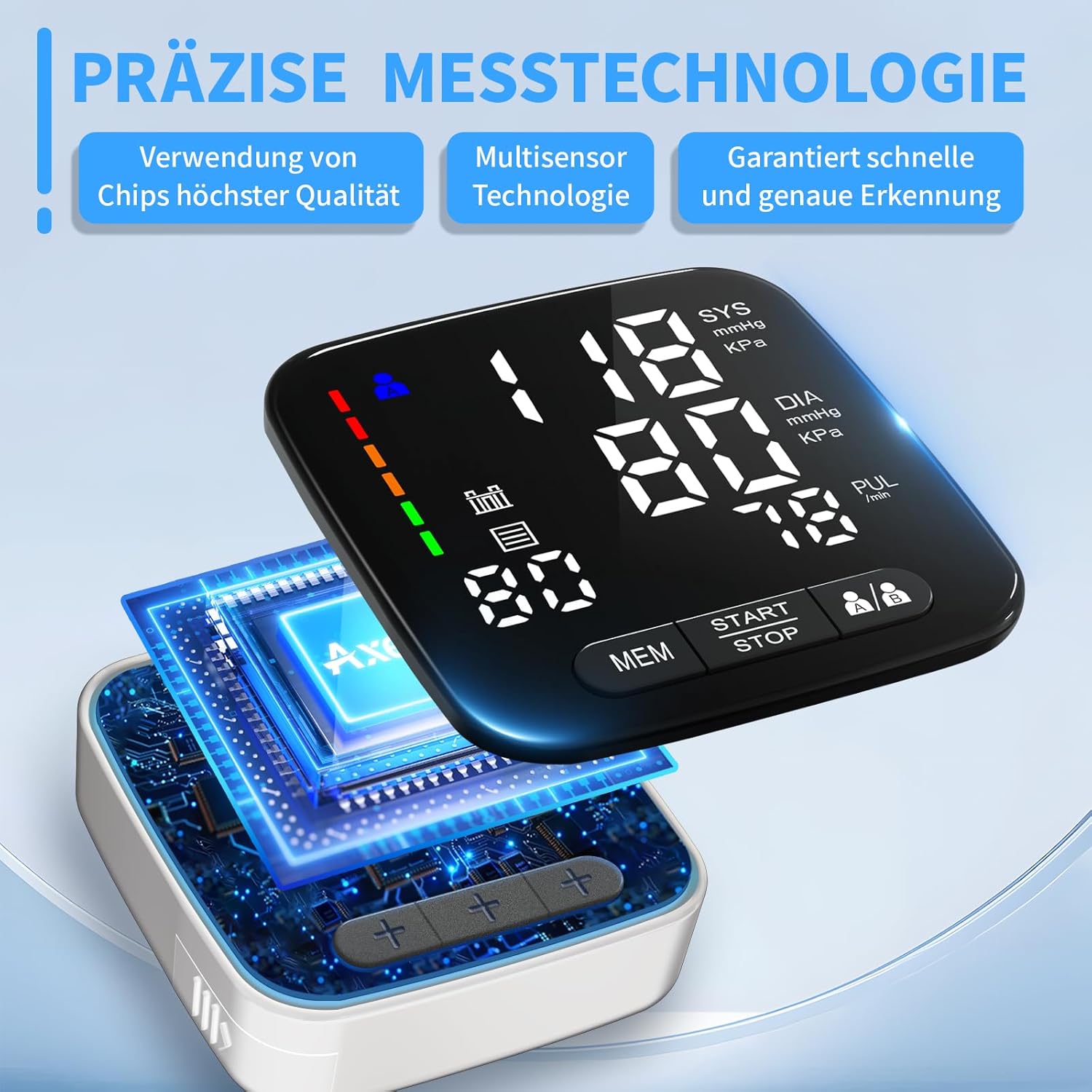 Detalle 2 de Axets Blutdruckmessgerät Handgelenk mit Arrhythmie-Erkennung – automatische Messung, farbiger Risiko-Indikator, 2×99 Speicherplätze