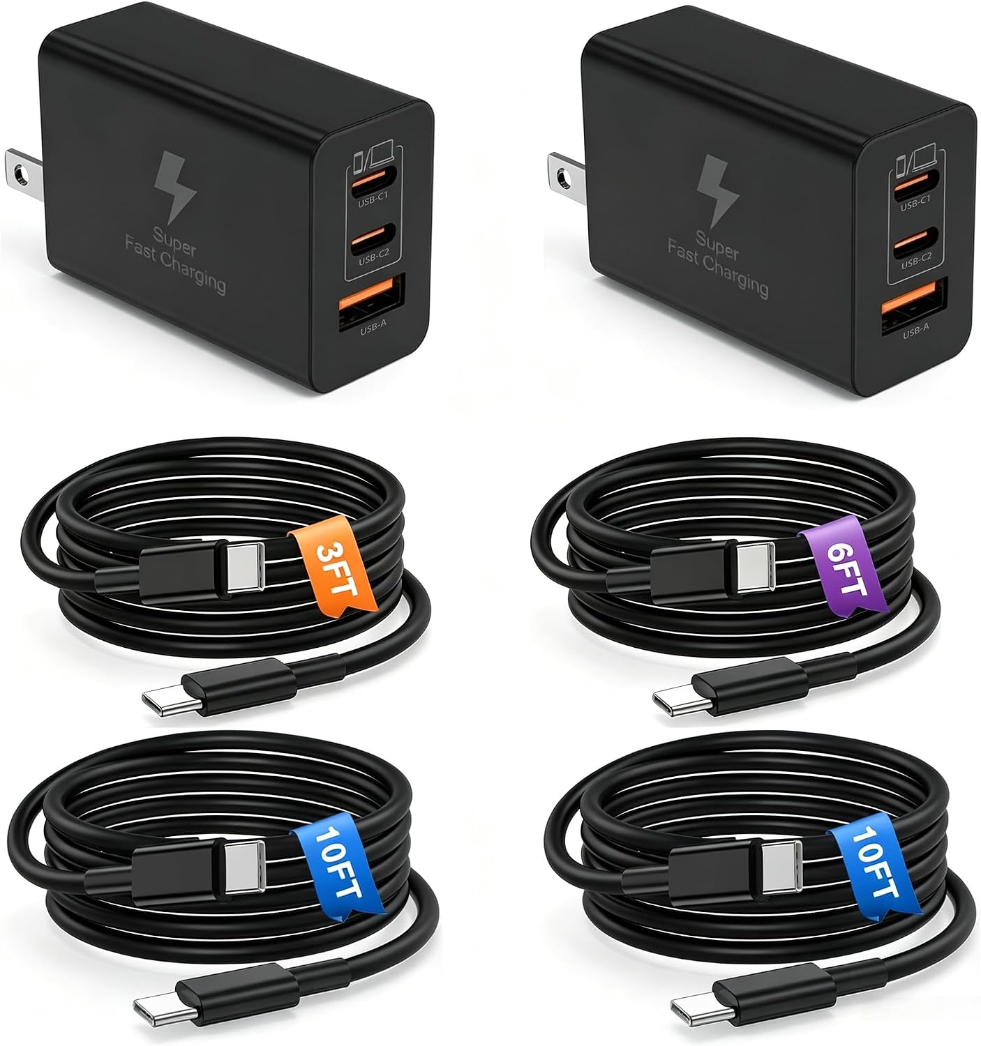 Detalle de 100W USB-C Super Fast Charger Block (Dual Port) with 10ft USB-C to USB-C Cable — 2 Pack Charging Station