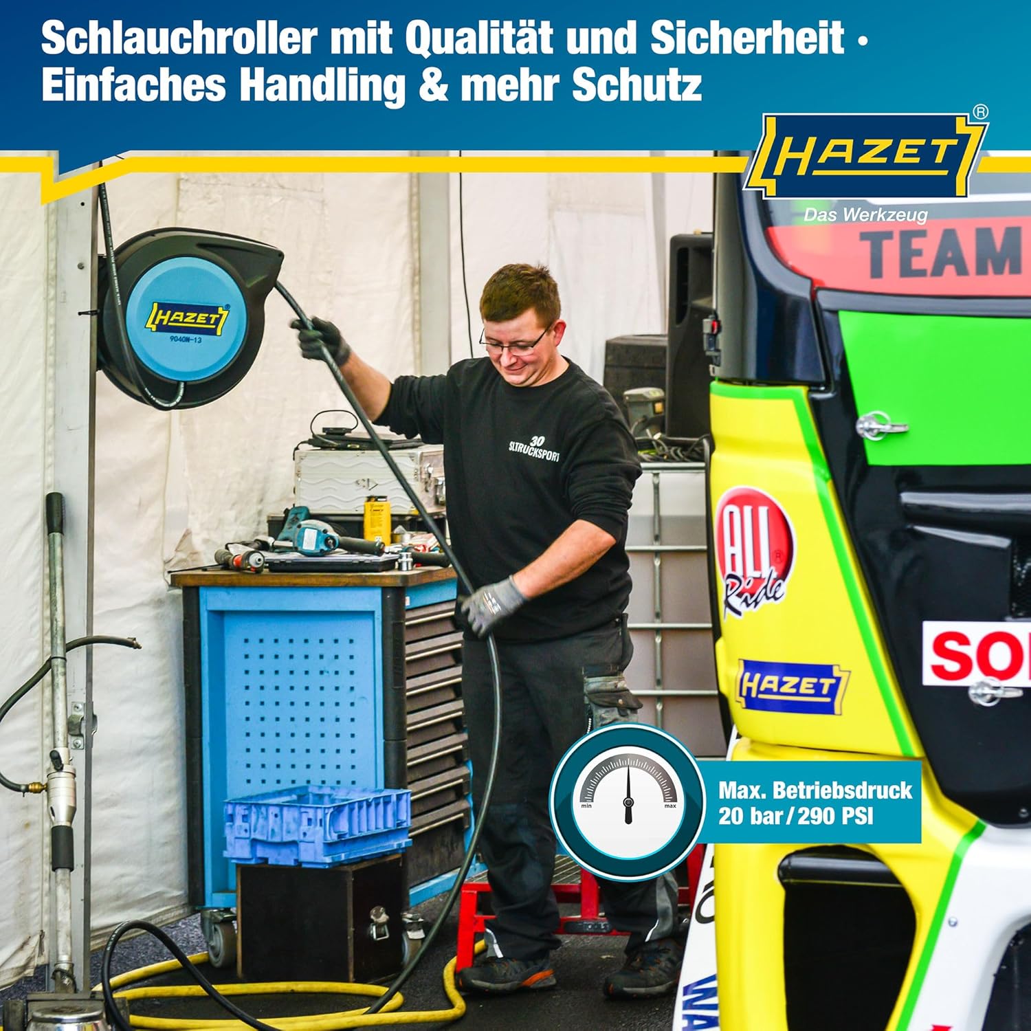 Detalle 2 de HAZET Schlauch-Aufroller 9040N-10 – 15 m Schlauchlänge, 10 mm Innen-Durchmesser, 20 bar