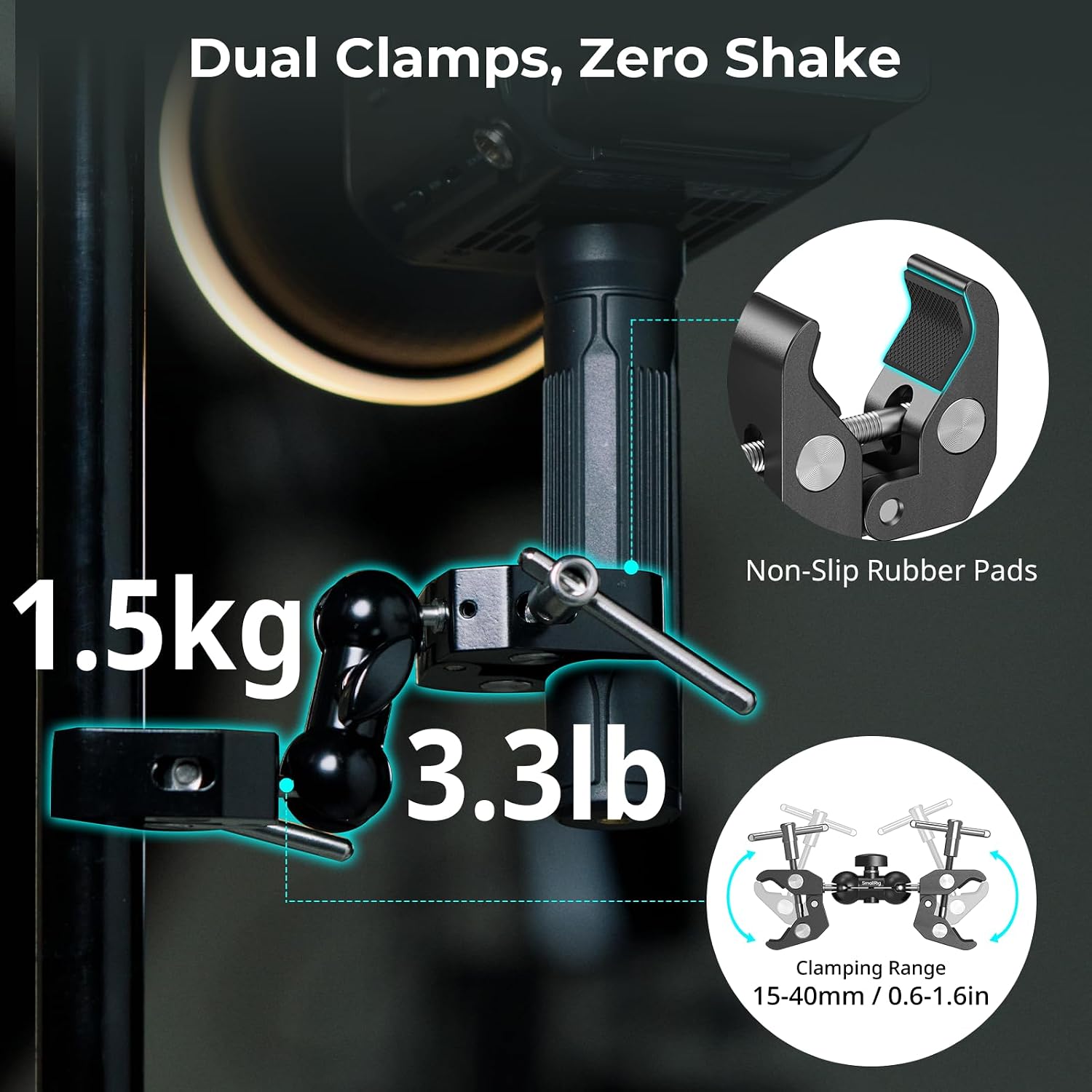 Detalle de SMALLRIG verstellbare Doppel-Klemmhalterung 5331 (Doppelkopf, 15–40 mm Anti-Rutsch) für Fotobeleuchtung & Studio-Stativ