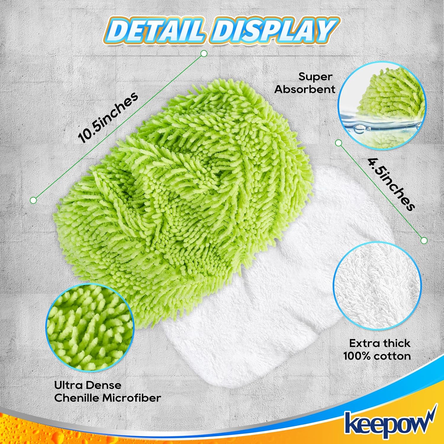 Detalle de KEEPOW Reusable Microfibre Mop Pads, Washable Wet and Dry, 2-Pack