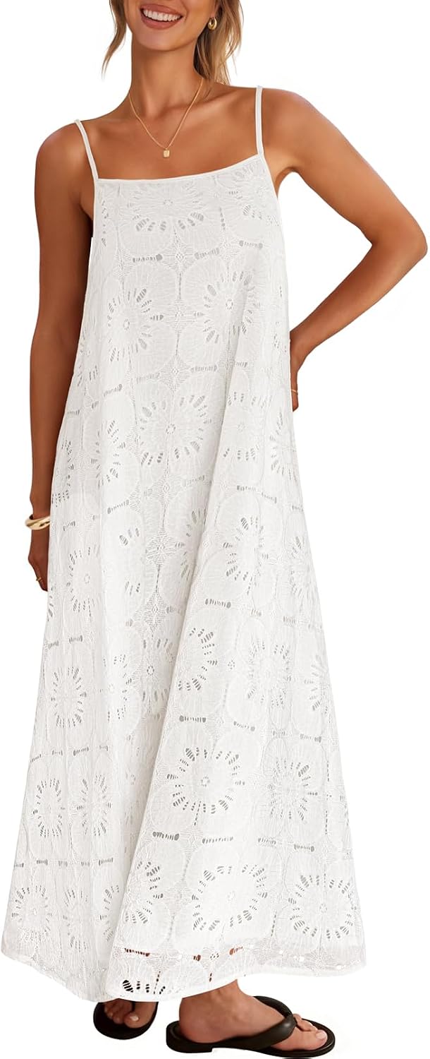 Detalle de MEROKEETY Women's Summer Maxi Dress with Floral Eyelet Lace and Pockets