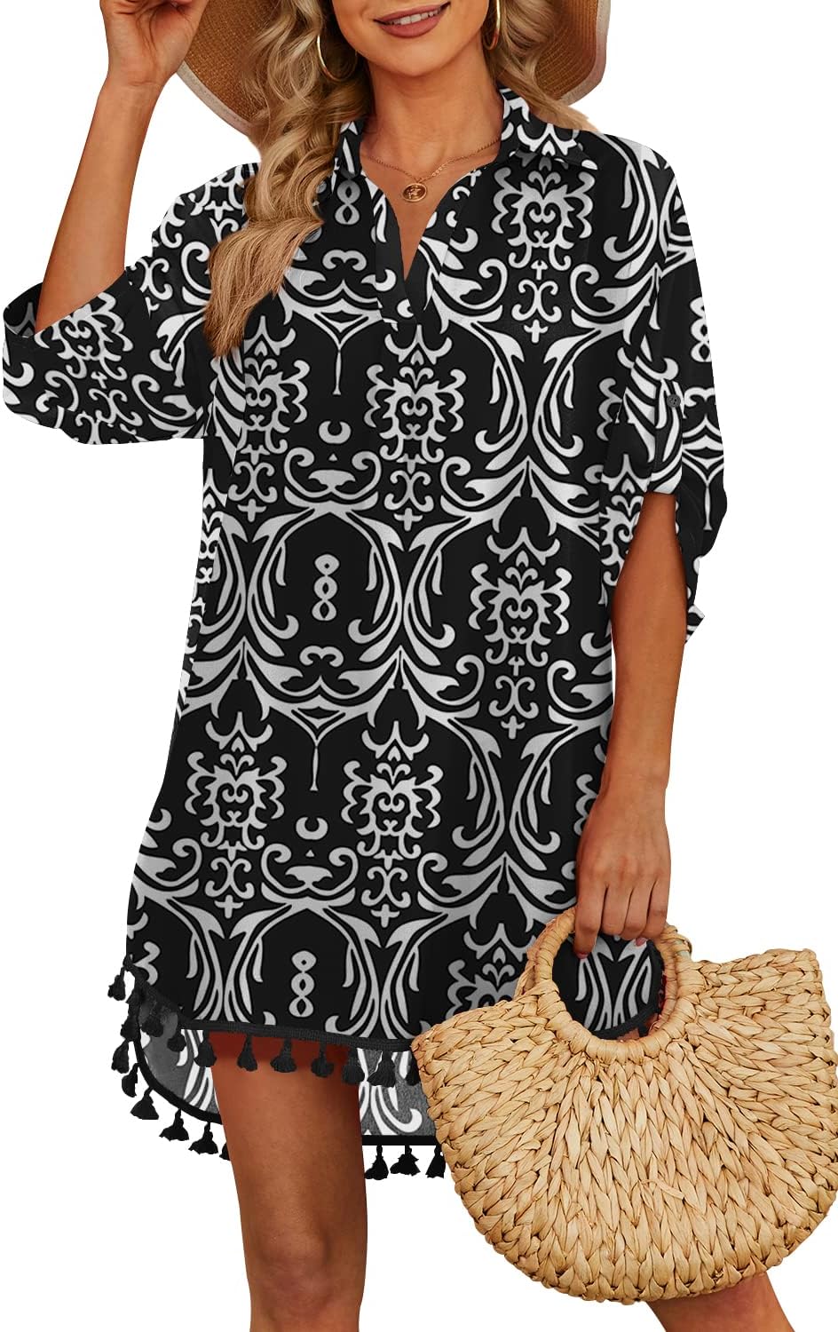 Thumbnail 5 de Yincro Women Swimsuit Cover Up Shirt with Tassel Details (V-Neck, Asymmetrical Hem)