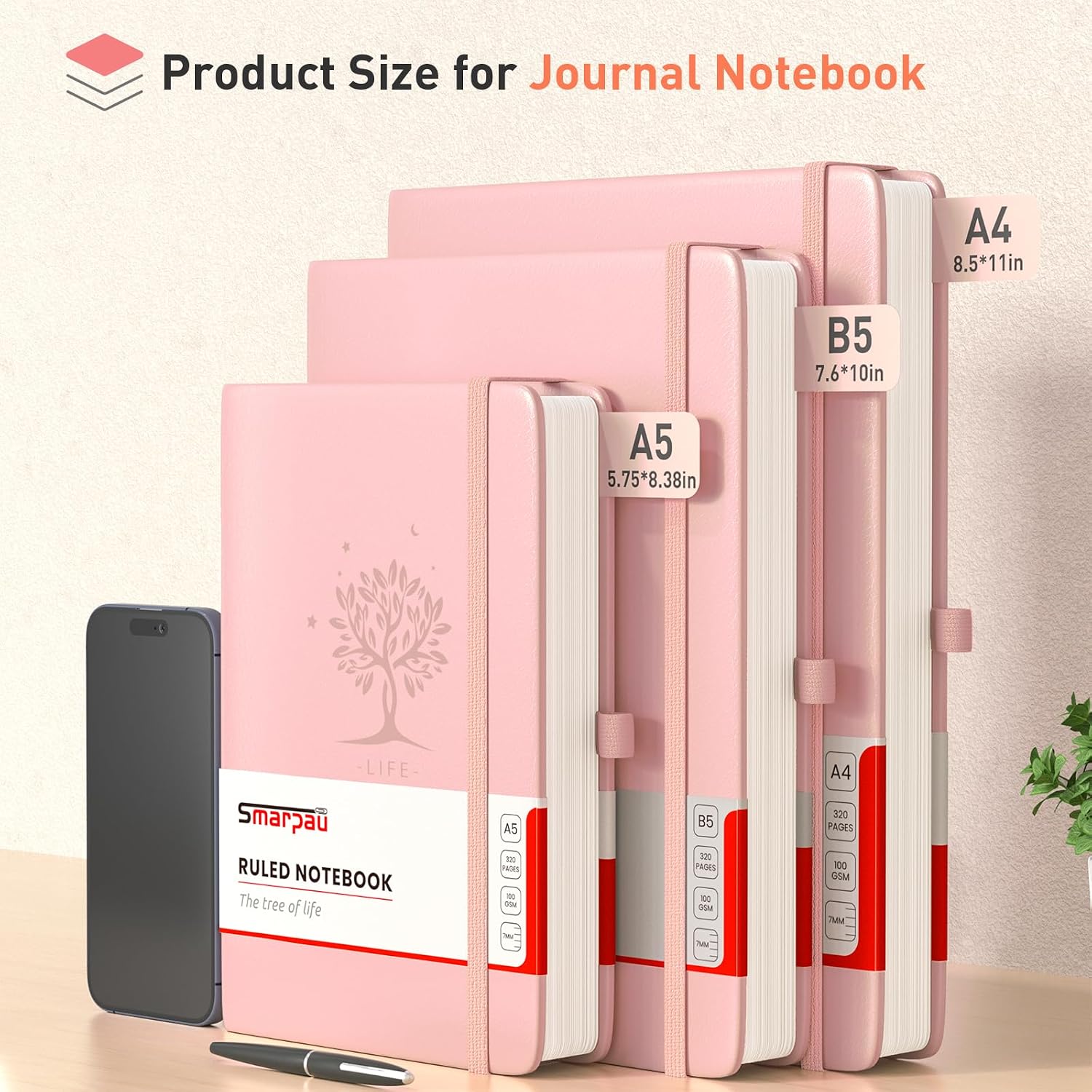 Detalle de Smarpau A4 Lined Notebook with Thick Hardcover Pink Leather Look Cover – 320 Pages, 100gsm Paper